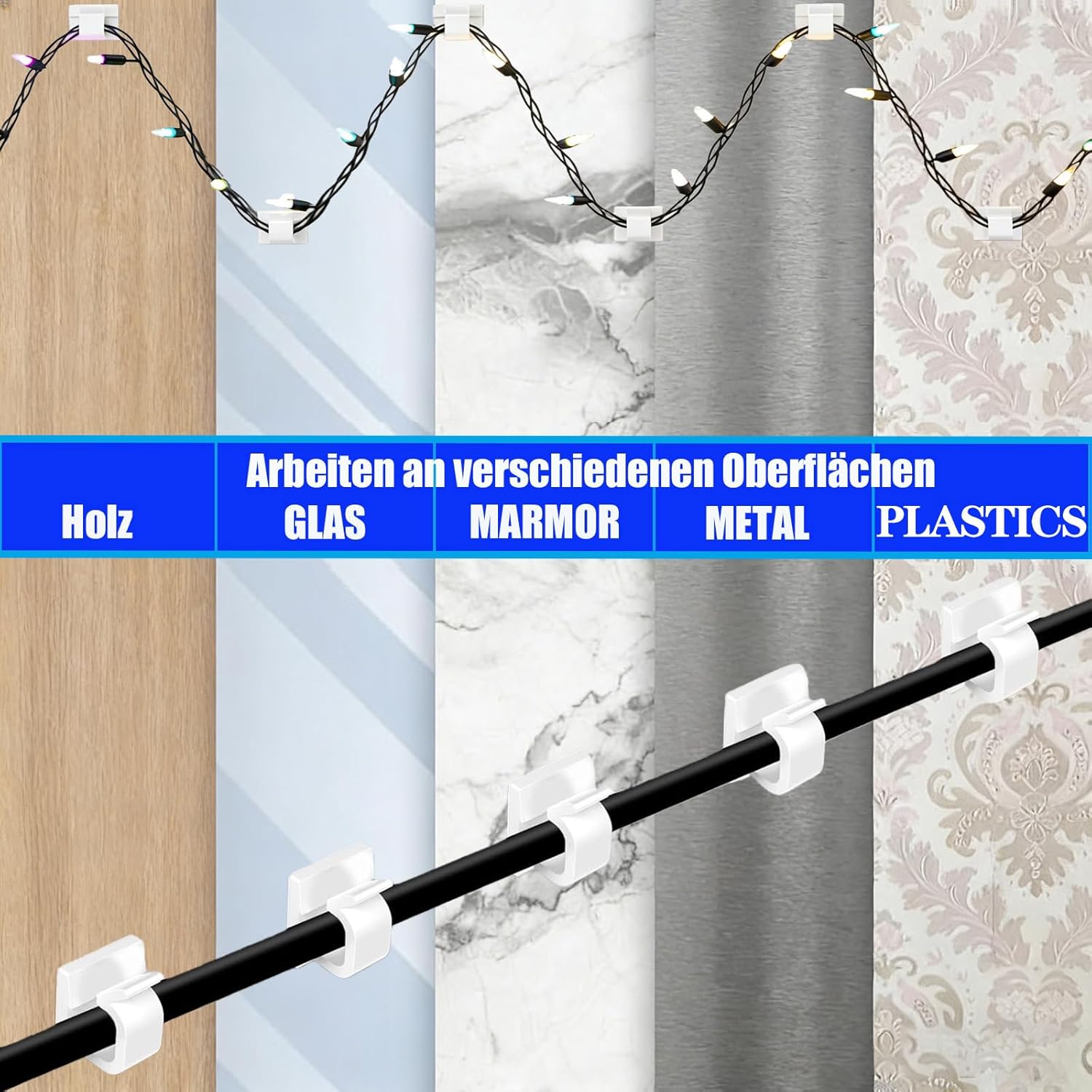 Detalle de KLJ Kabelhalter Haken für Lichterketten, selbstklebend (PA66 Nylon), 50er-Set – Weiß