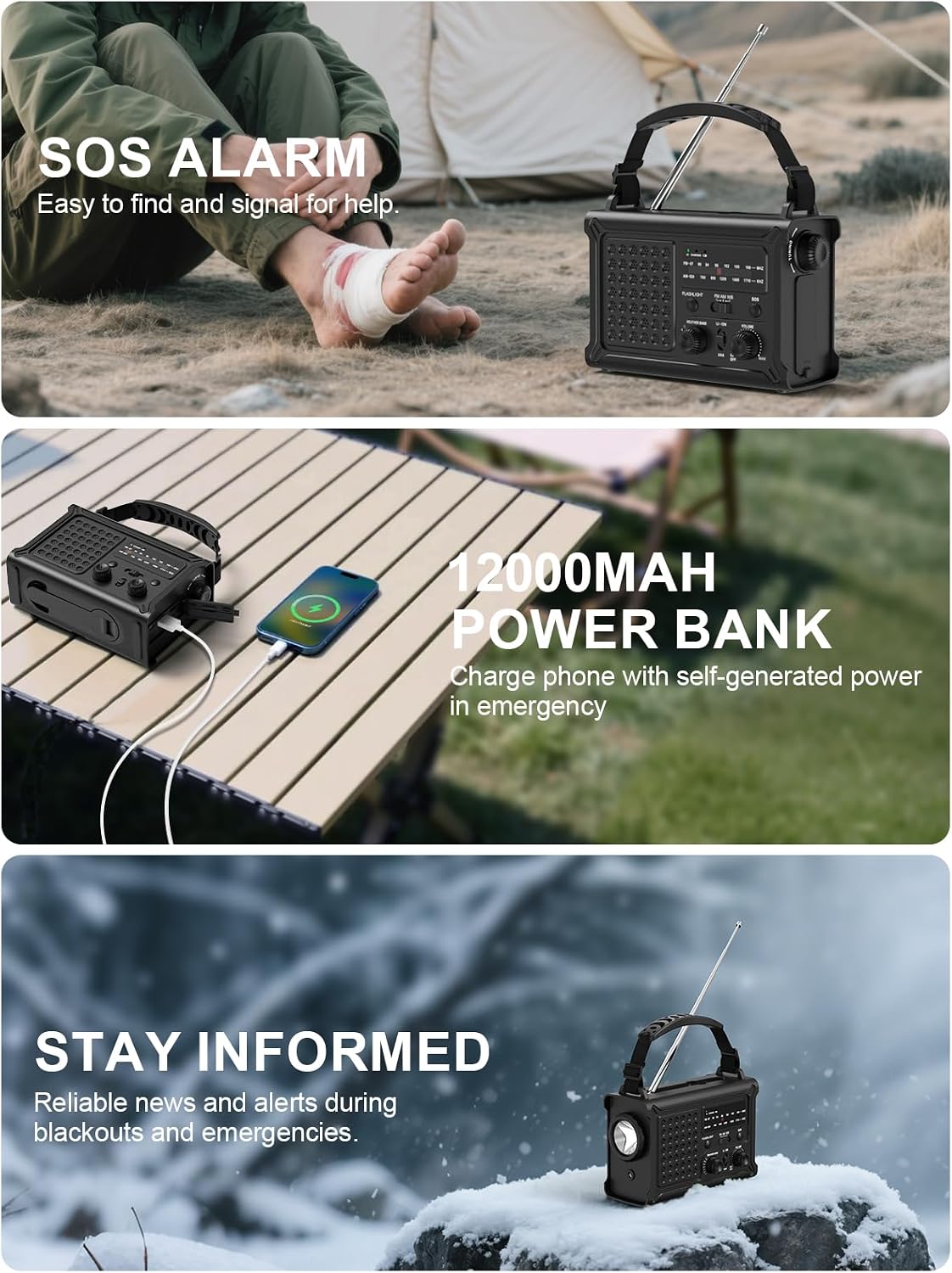 Detalle de ROCAM CR1030 Emergency Radio, 12,000mAh, Solar, Hand Crank & NOAA