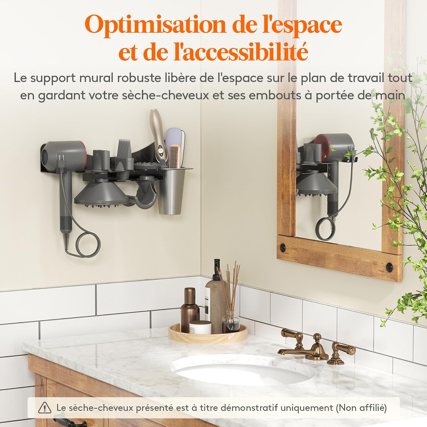 Detalle de Lifewit 24568 wandhouder voor Dyson-haardroger, zwart met hittebestendige beker