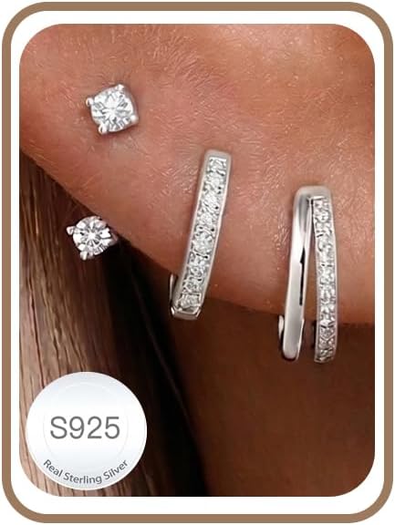 Detalle de 3 Paar Ohrringe Silber 925 Set für Damen – Hypoallergen, Zirkonia-Besatz, vielseitig kombinierbar