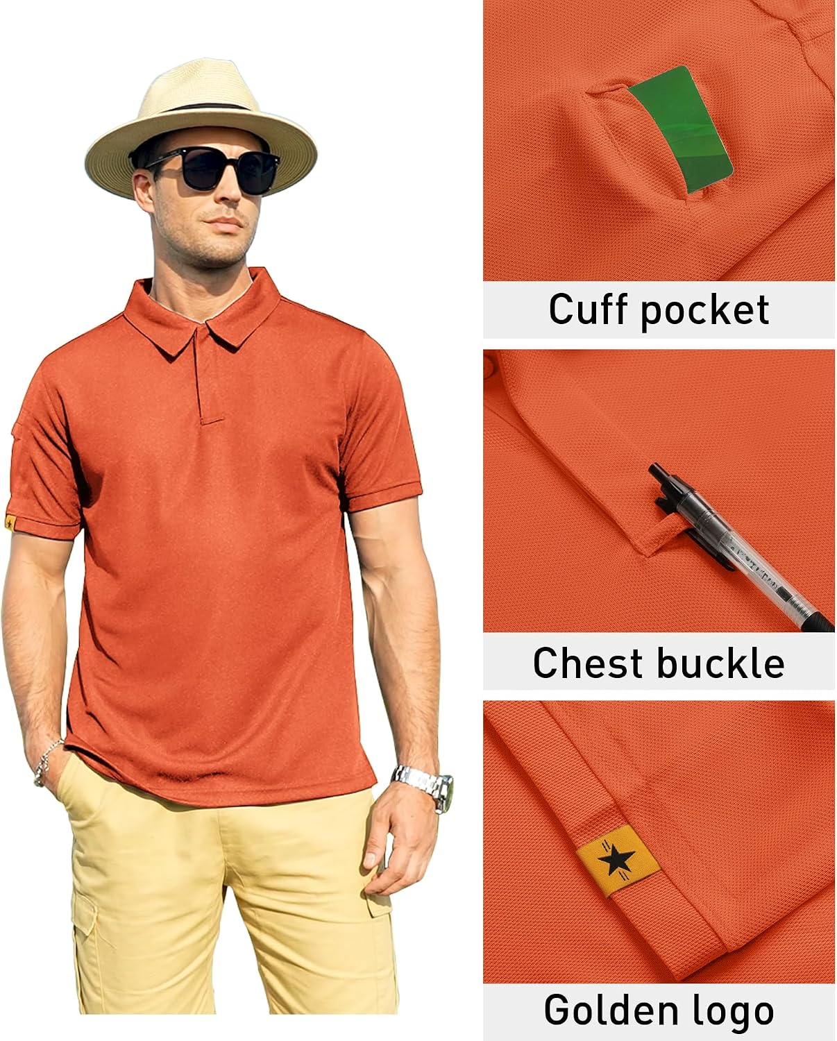 Detalle de ZITY Men's Polo Shirt with Ring Buckle & Sleeve Pocket – Breathable, Flexible Golf & Casual Polo