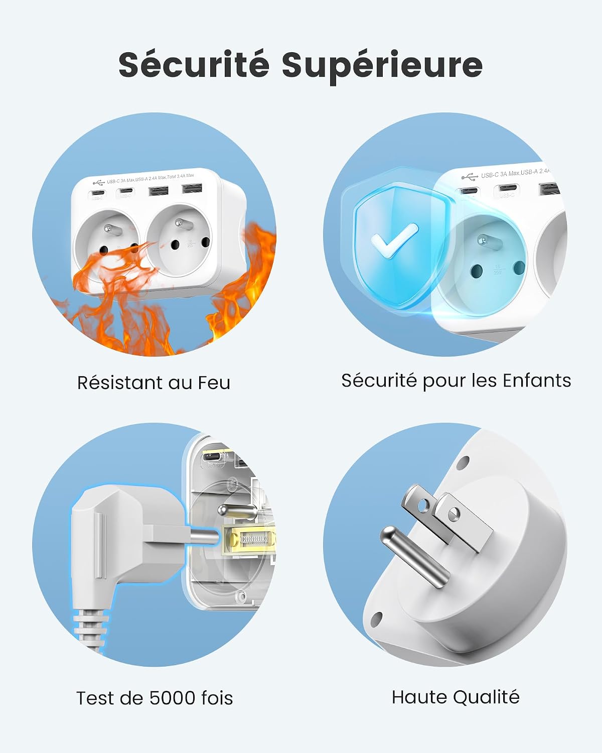 Thumbnail 6 de LENCENT reisadapter type B met Franse stopcontacten en 2 USB-A- en 2 USB-C-poorten