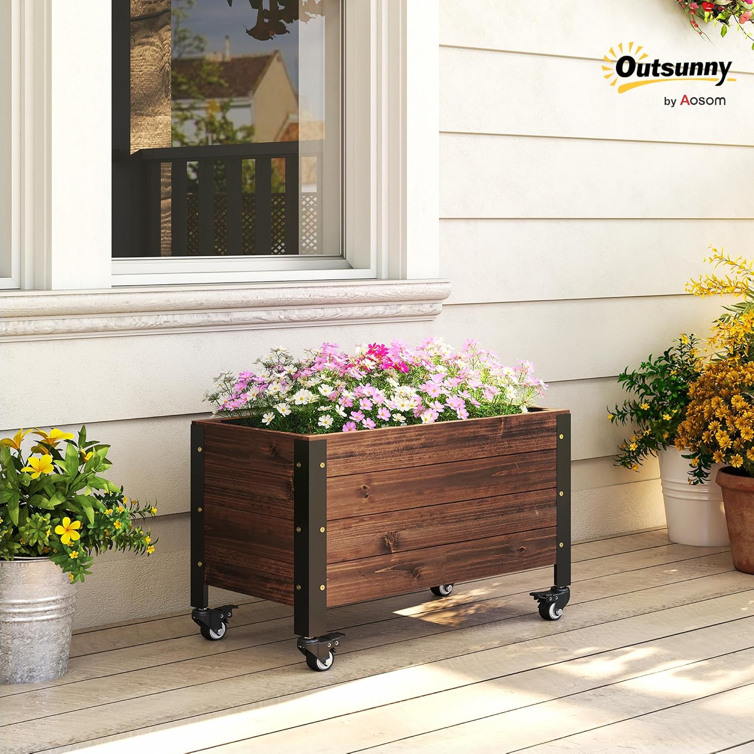 Thumbnail 1 de Outsunny Jardinière surélevée en bois avec roues – carré potager 60 x 30 x 41 cm, Marron