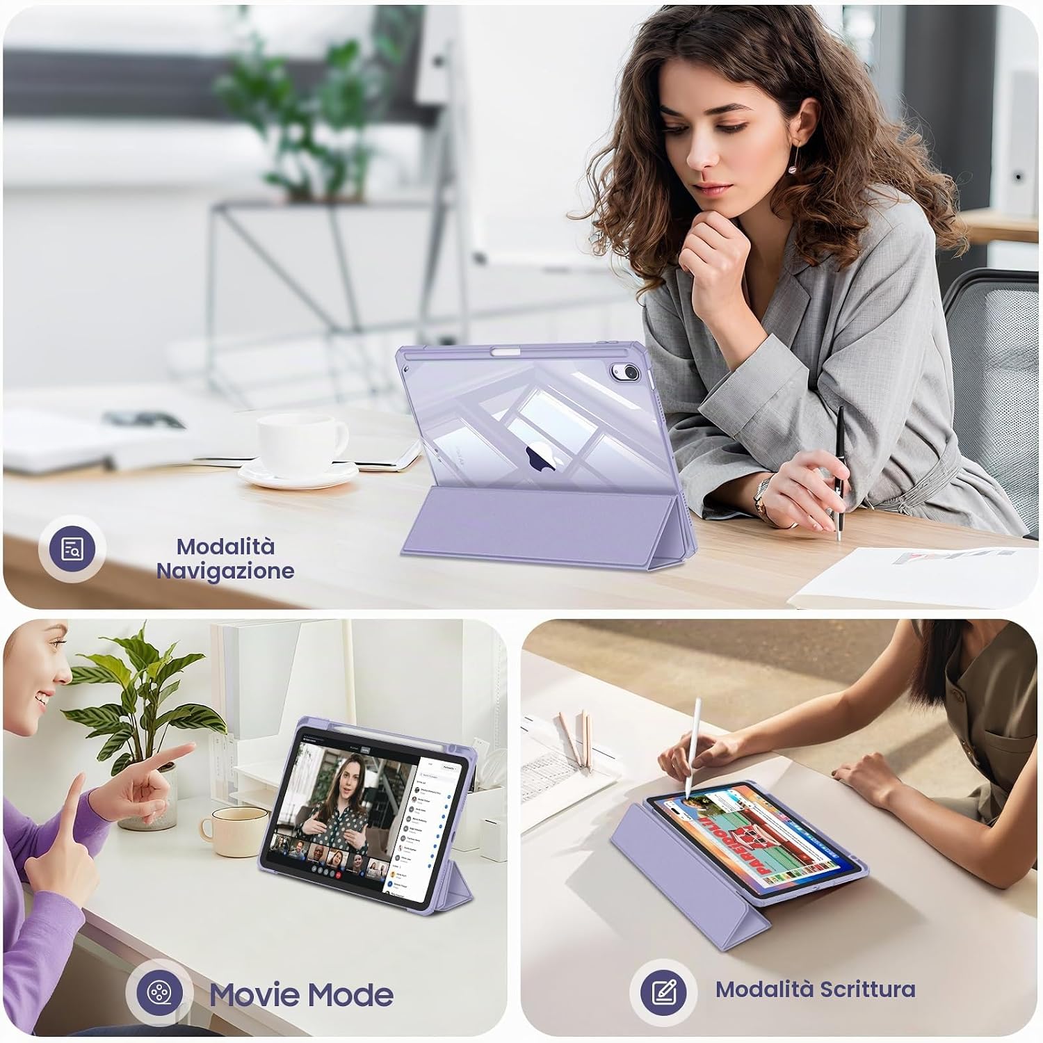 Detalle de FINTIE Cover per iPad Air 11" M4/M3/M2 e 10,9" (2022/2020) con Portapenne – Trasparente con Bordo Lilas