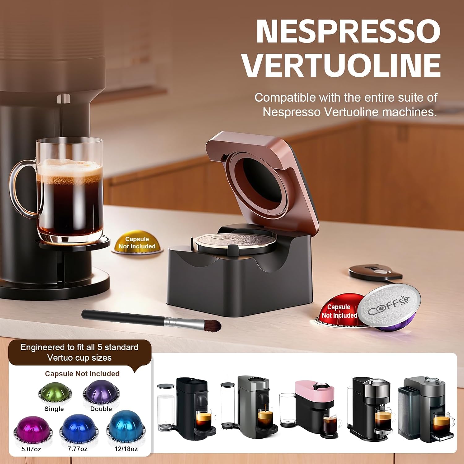 Detalle de Reusable Vertuo Pods Refill Kit for Nespresso – Upgraded Holder with 100 Lids and Press-to-Seal System