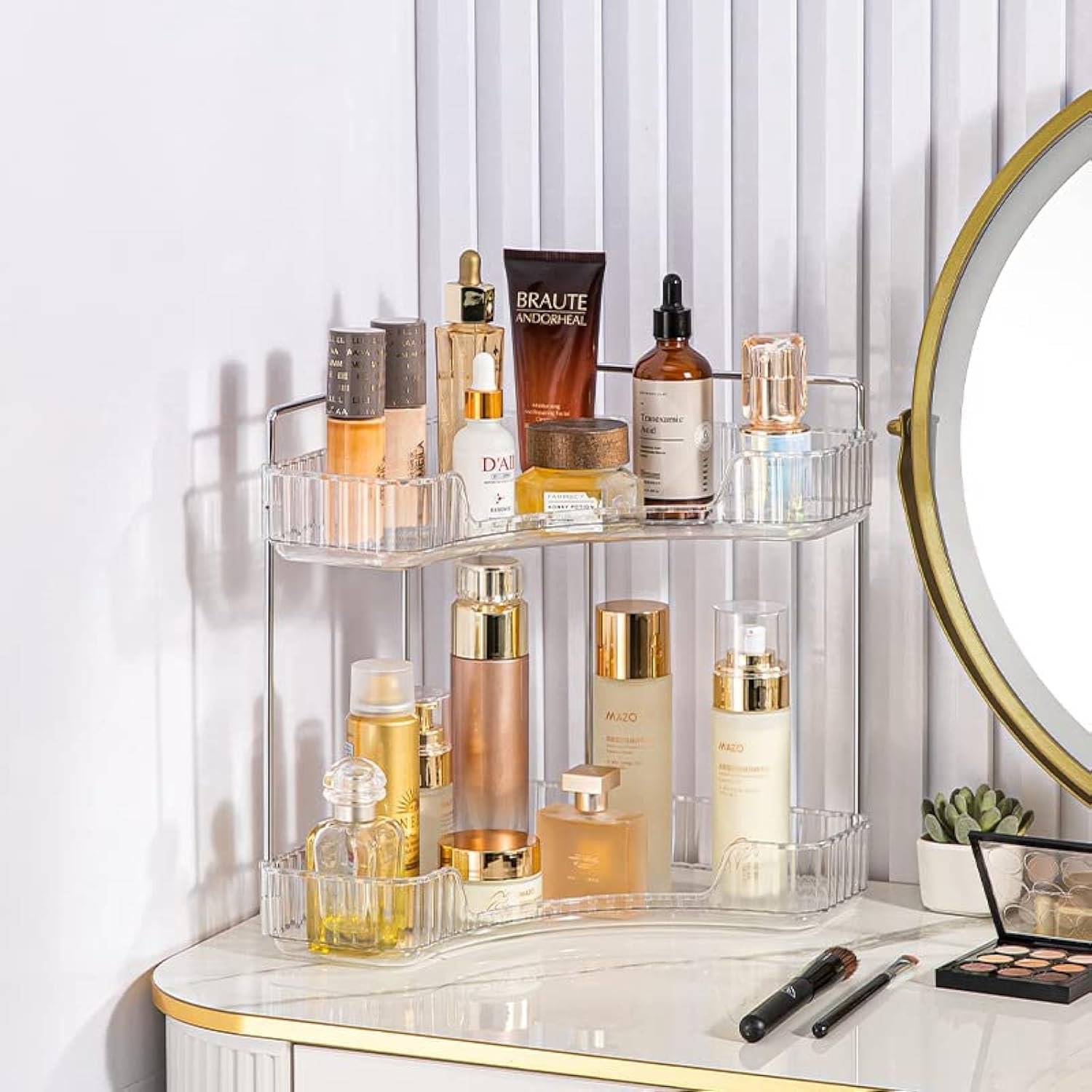Detalle 2 de Make up Organizer (PET, Edelstahl-Stangen), Kosmetik-Hautpflege-Organizer für Bad & Schminktisch – 3 Schichten, Grau