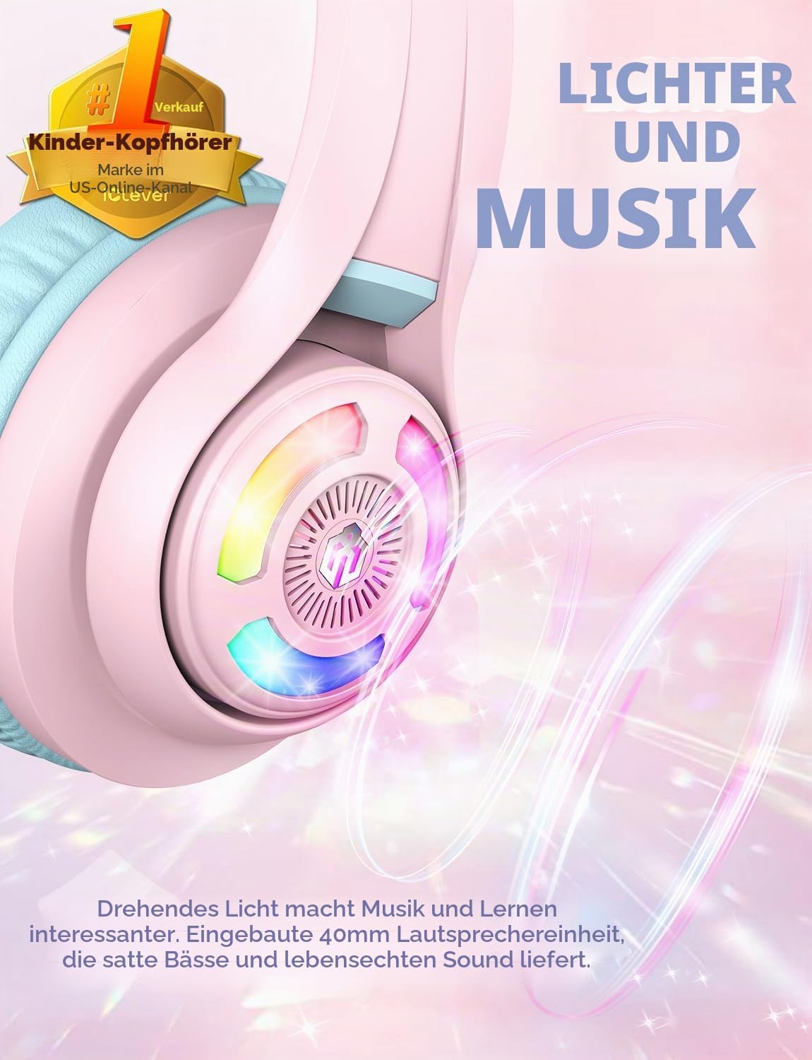 Detalle 2 de iClever Bluetooth Kopfhörer Kinder mit Katzenohr-LED, MIC und 3,5-mm-Kabel (BTH13, 50 Std. Spielzeit)