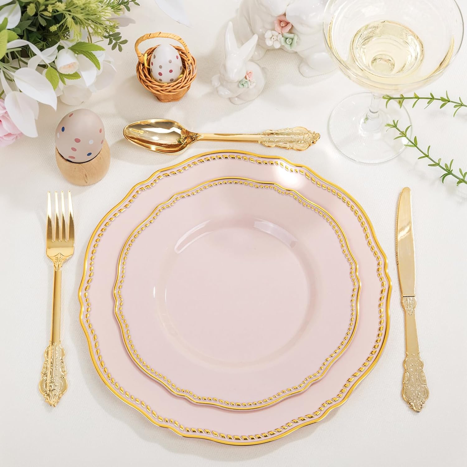 Detalle 2 de Hioasis 60pcs Pink Plastic Plates (10.25 in) with Pink & Gold Rim — BPA-Free Disposable Dinnerware for Parties