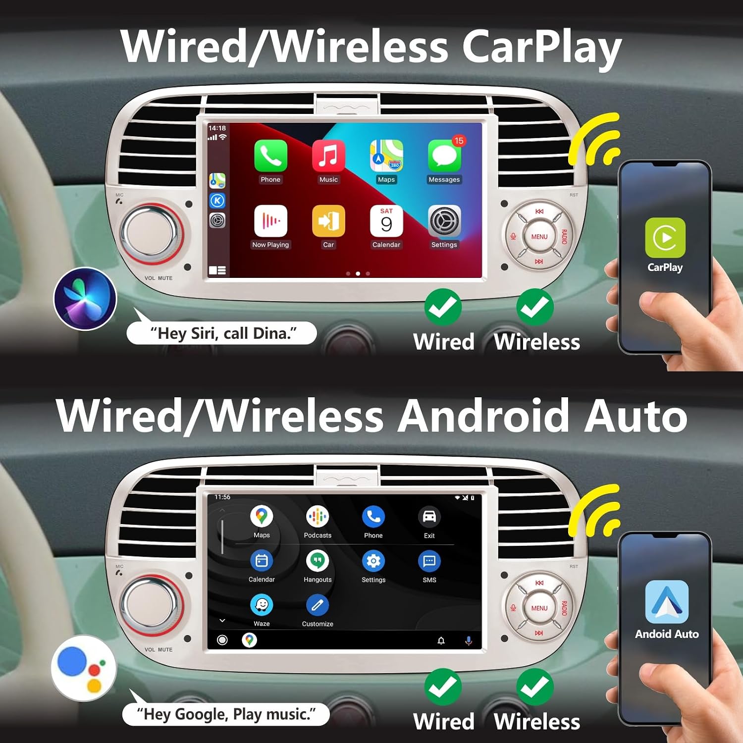 Thumbnail 1 de Aphrfamma Versione Plus: Autoradio compatibile Fiat 500 (2007‑2015) con CarPlay wireless, Android Auto e schermo IPS da 7