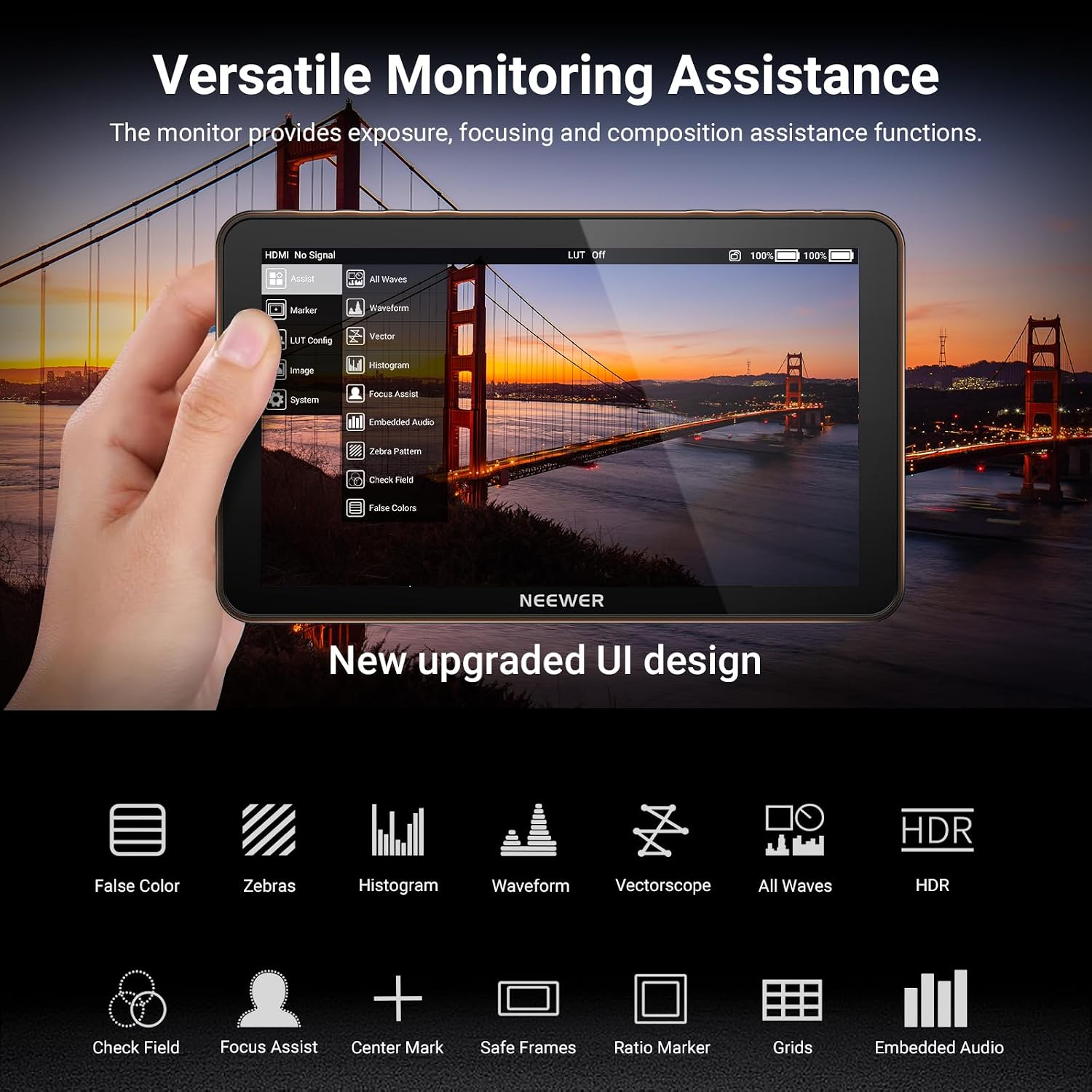 Thumbnail 5 de NEEWER F600 7-inch Camera Field Monitor with 2400nit Touchscreen, 4K HDMI Loop and Custom 3D LUT