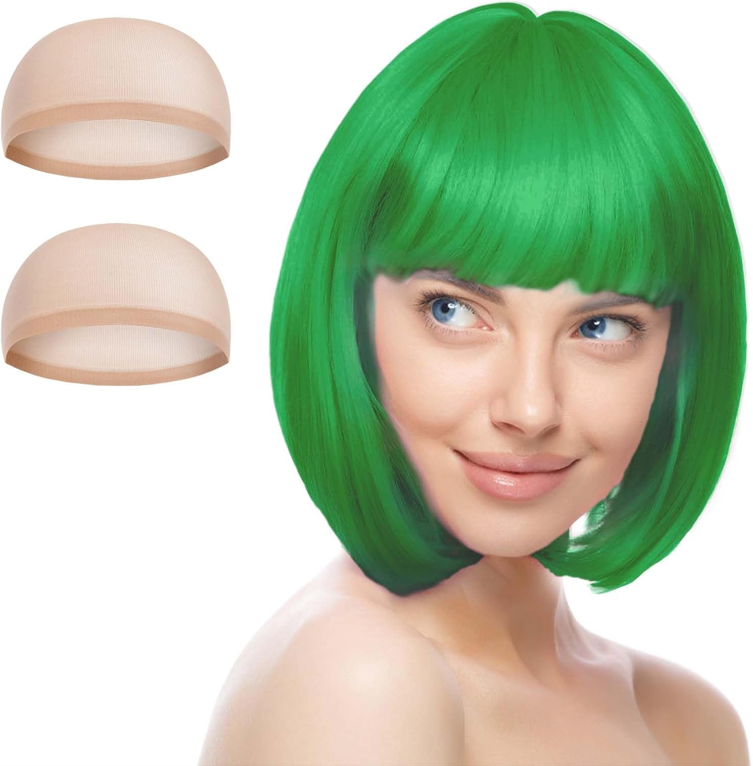 Detalle de AUYAO 3620503 – zielona peruka bob z grzywką, proste włosy, neonowy kolor
