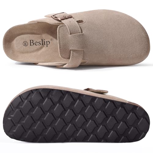 Detalle 2 de Beslip Wildleder Clog für Damen, Taupe, Größe 37 EU – Alltagstauglicher Komfort mit Vintage-Charme