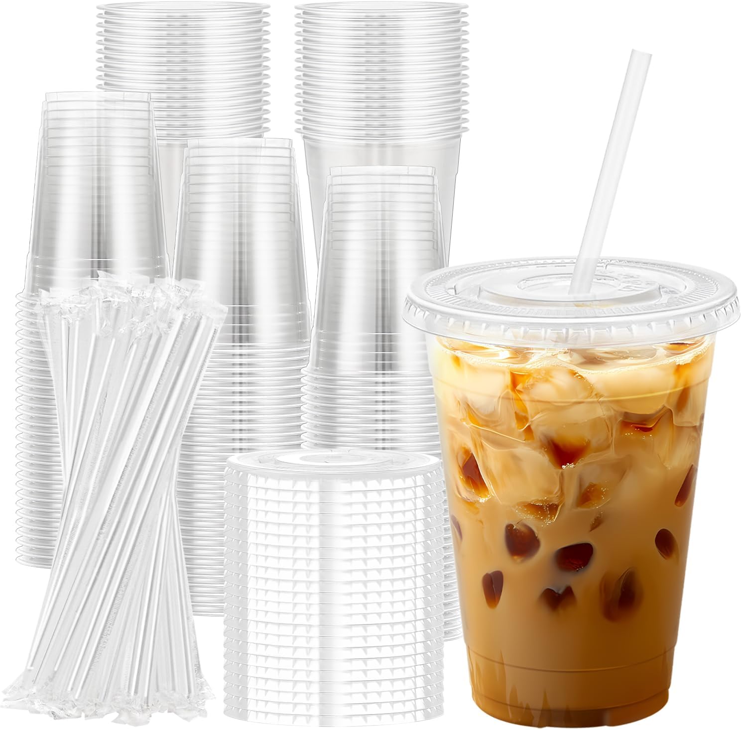 Detalle de Lamosi 16 oz Clear Plastic Cups with Lids & Straws — 100 Pack for On-The-Go Beverages