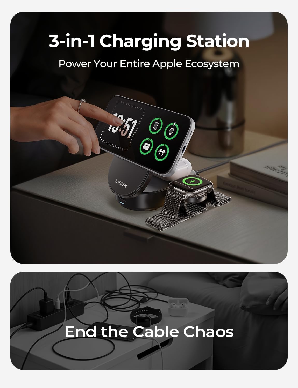 Detalle de LISEN 3-in-1 Ultra-Fast 25W Foldable Qi2.2 MagSafe Wireless Charging Stand