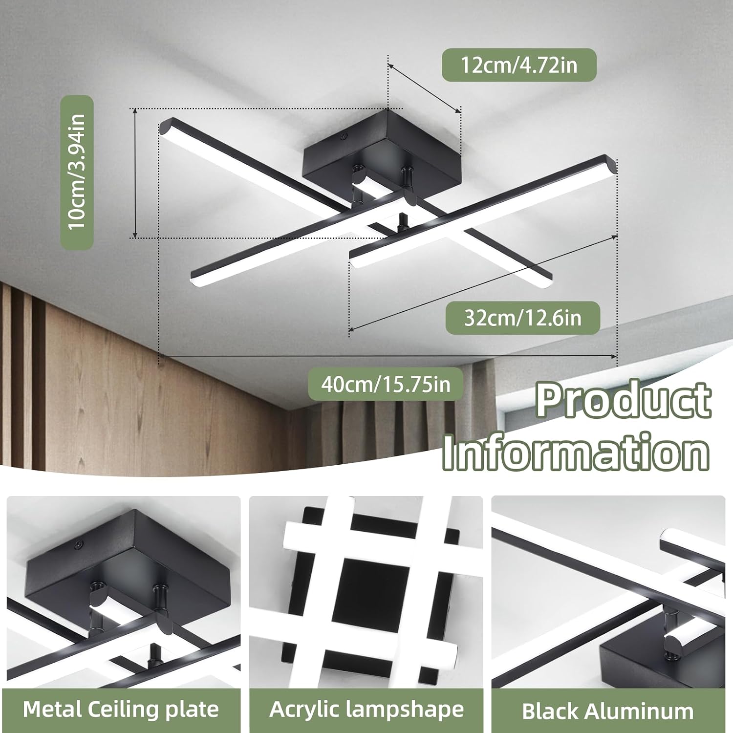 Detalle 2 de EIDISUNY Modern LED Ceiling Light (24W) Black with 4 Built-in LED Boards, 6500K Cool White