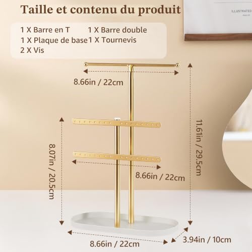 Detalle de VIRETH HAUS Organisateur de Bijoux 3 Niveaux en Métal Doré avec Plateau – Élégance compacte pour votre collection