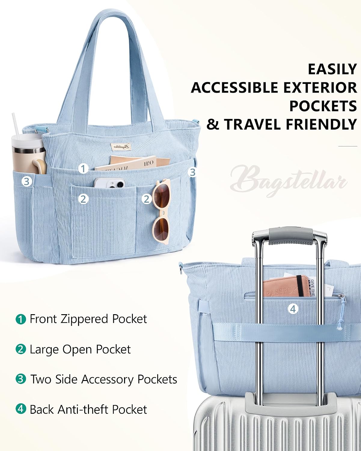 Thumbnail 6 de Bagstellar Corduroy Tote Bag for Women, 17 Pockets, Padded 15.6-Inch Laptop Compartment