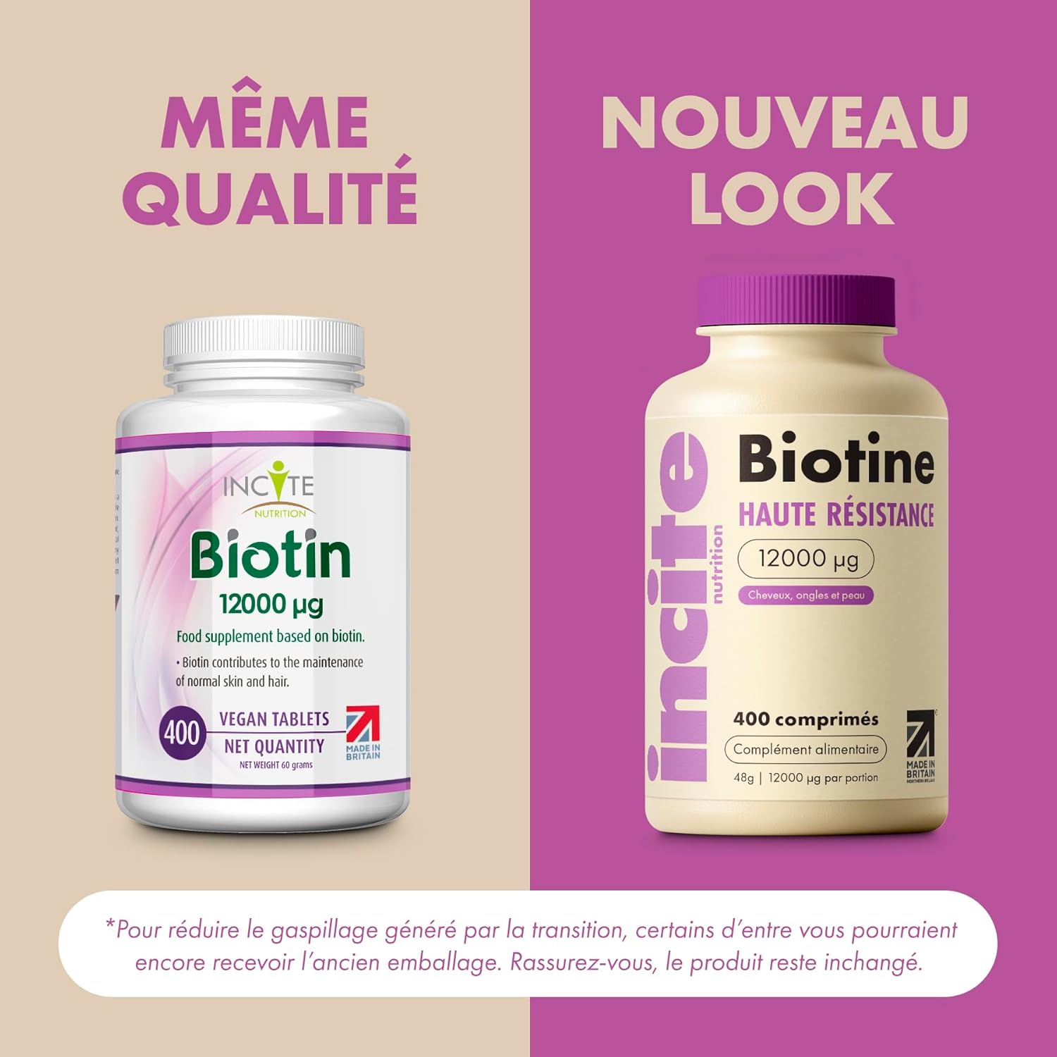 Thumbnail 1 de Incite Nutrition Biotine 12 000 mcg – compléments pour la croissance des cheveux (400 comprimés, 6 mm)