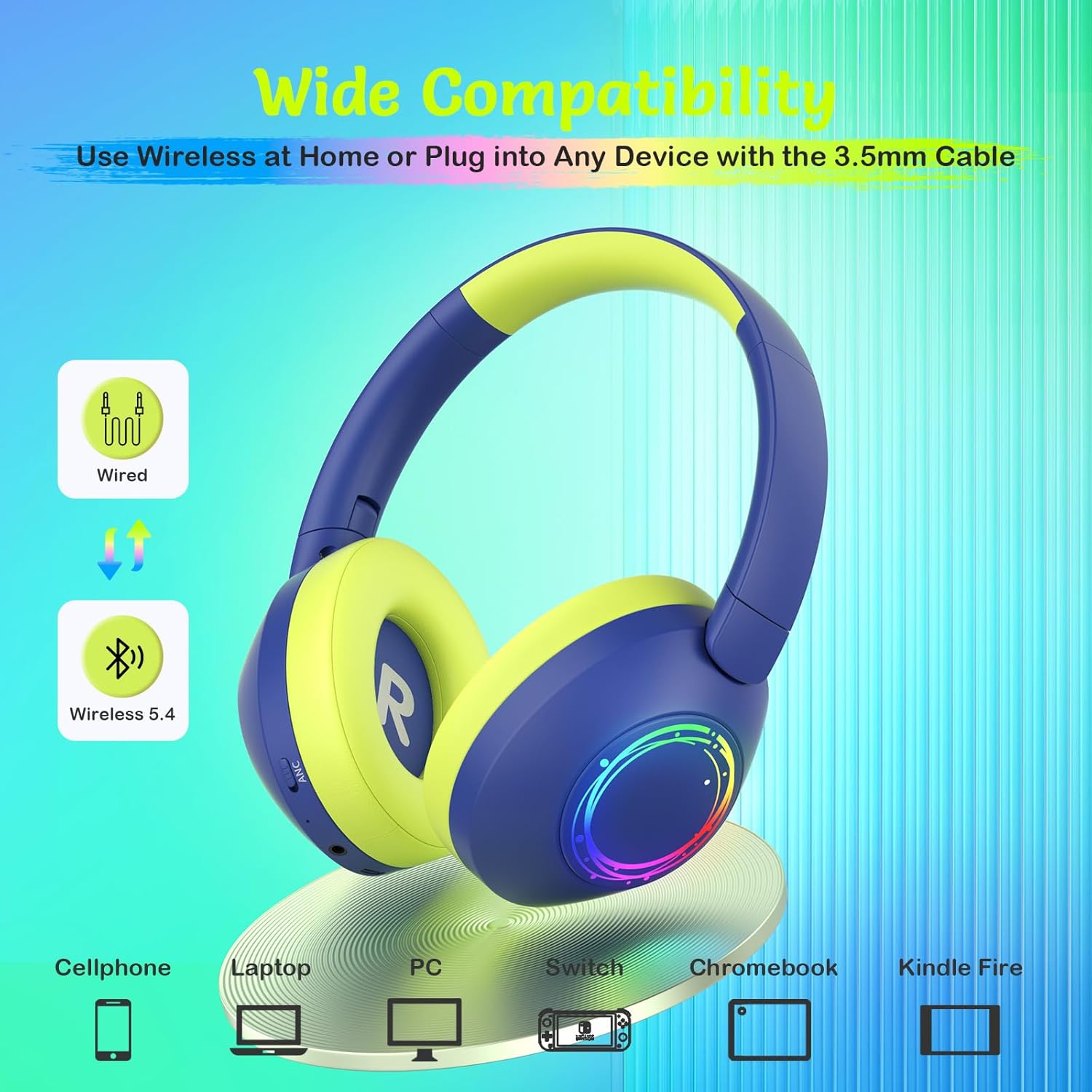 Thumbnail 6 de TONOSHARK Noise Cancelling Headphones for Kids (Blue) – RGB Lights, 60H Playtime, Bluetooth 5.4
