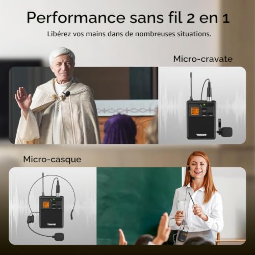 Detalle 2 de TONOR système de microphones sans fil UHF, portée de 60 m et récepteur rechargeable