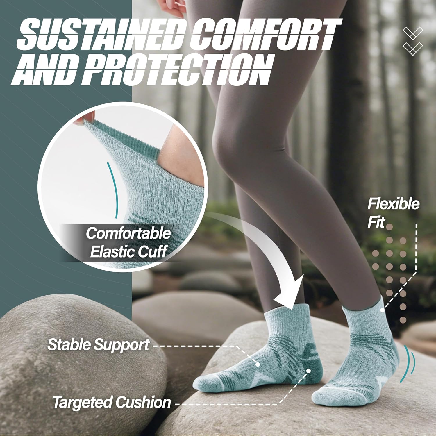 Detalle de ANTSANG Merino Wool Quarter Hiking and Running Socks, Cushioned 6-Pair Pack