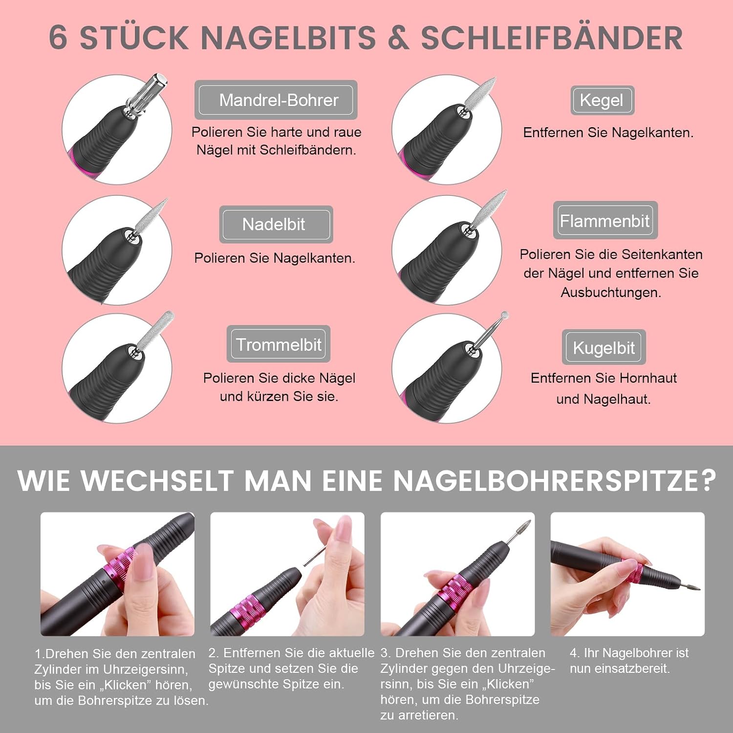 Thumbnail 6 de Delanie Nagelfräser mit bis zu 35.000 U/Min für Gelnägel & Polygel – leises Maniküre-/Pediküreset mit 6 Aufsätzen