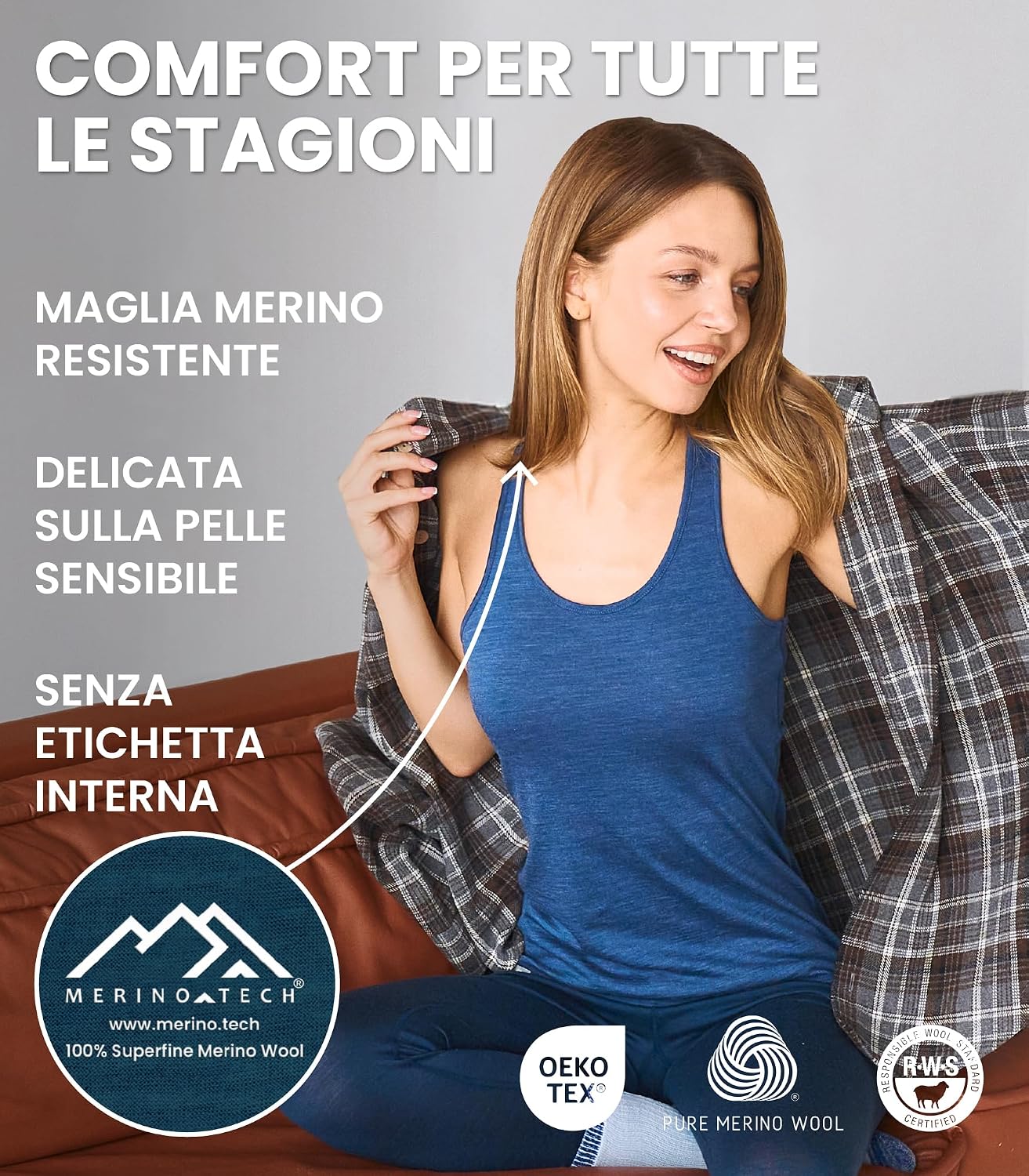 Detalle de Merino.tech Canotta Lana Merino Donna – Canottiera intima leggera e traspirante in lana merino 165 g/m²