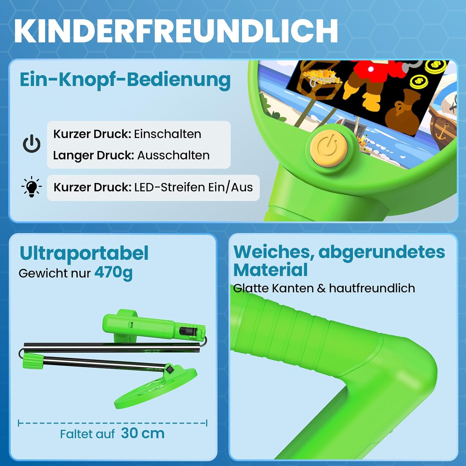 Thumbnail 4 de DR.ÖTEK Metalldetektor Kinder mit Farb-LCD und 6" Suchspule (LED) – für 3 bis 12 Jahre, grün