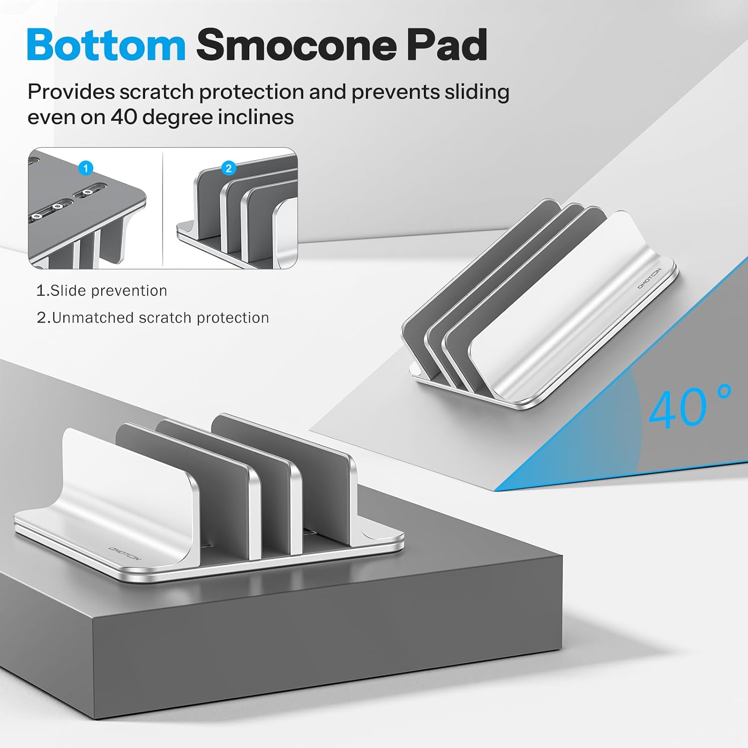 Detalle 2 de OMOTON VL03-Silver 3-Slot Vertical Laptop Stand, Adjustable Aluminum, Bright Silver