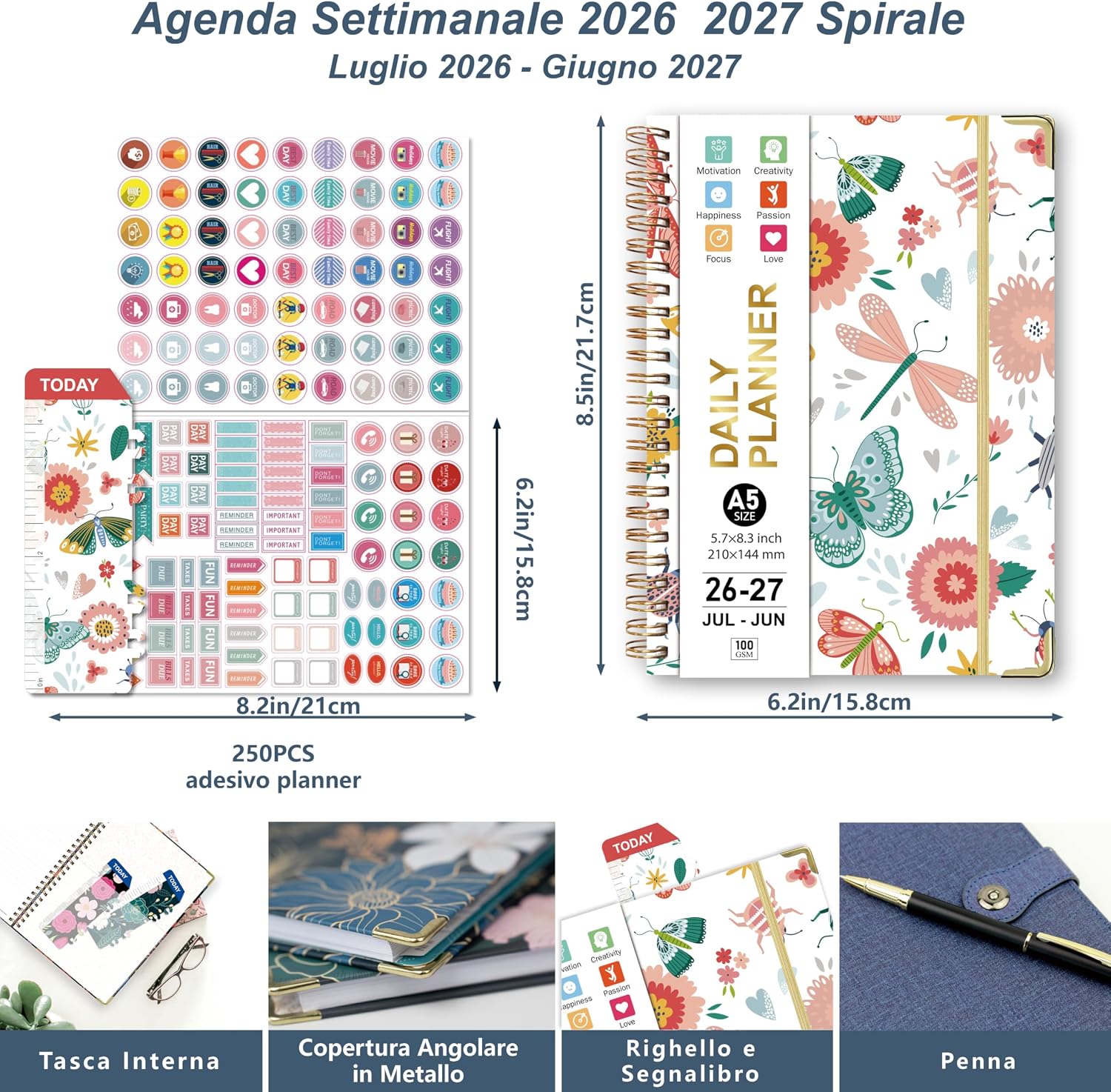 Detalle de Gumiho Agenda Settimanale 2026–2027 Spirale A5: planning semplice e stile per l’anno accademico