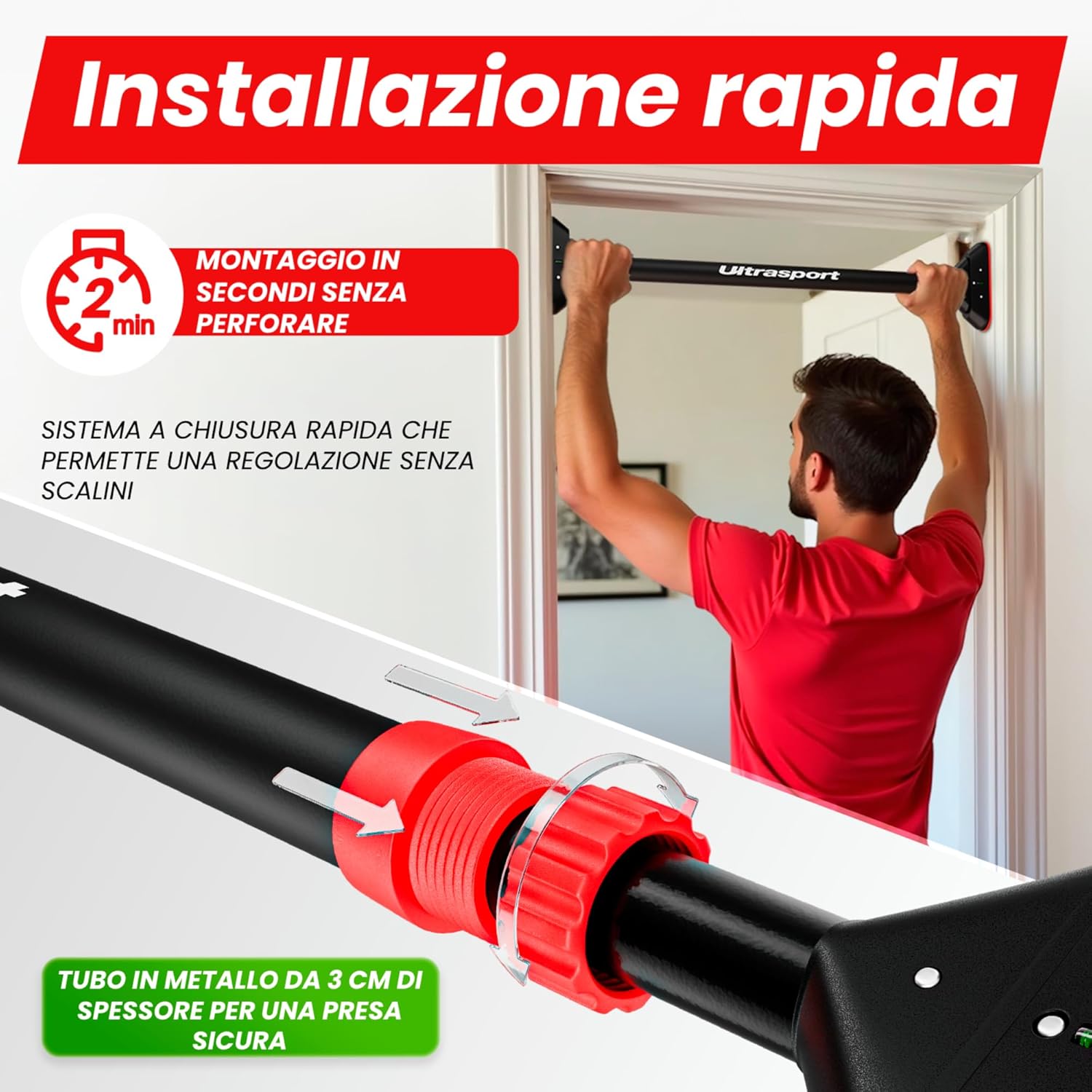 Detalle de Ultrasport Barra per trazioni: barra per porta regolabile 66,5–93 cm, senza viti, antiscivolo e presa in schiuma
