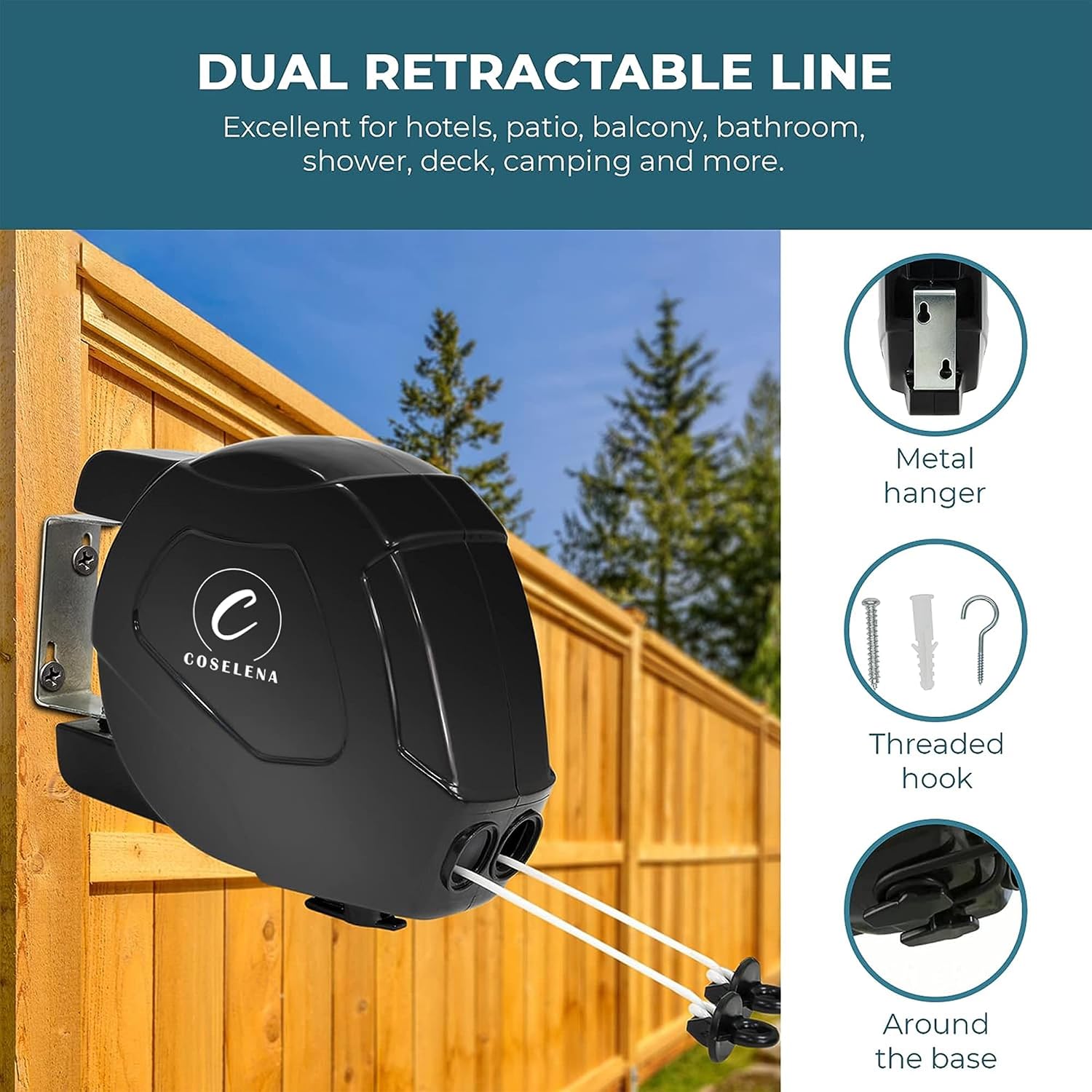 Detalle de Coselena 30m Retractable Washing Line – Heavy-Duty Twin Clothes Line with Hook