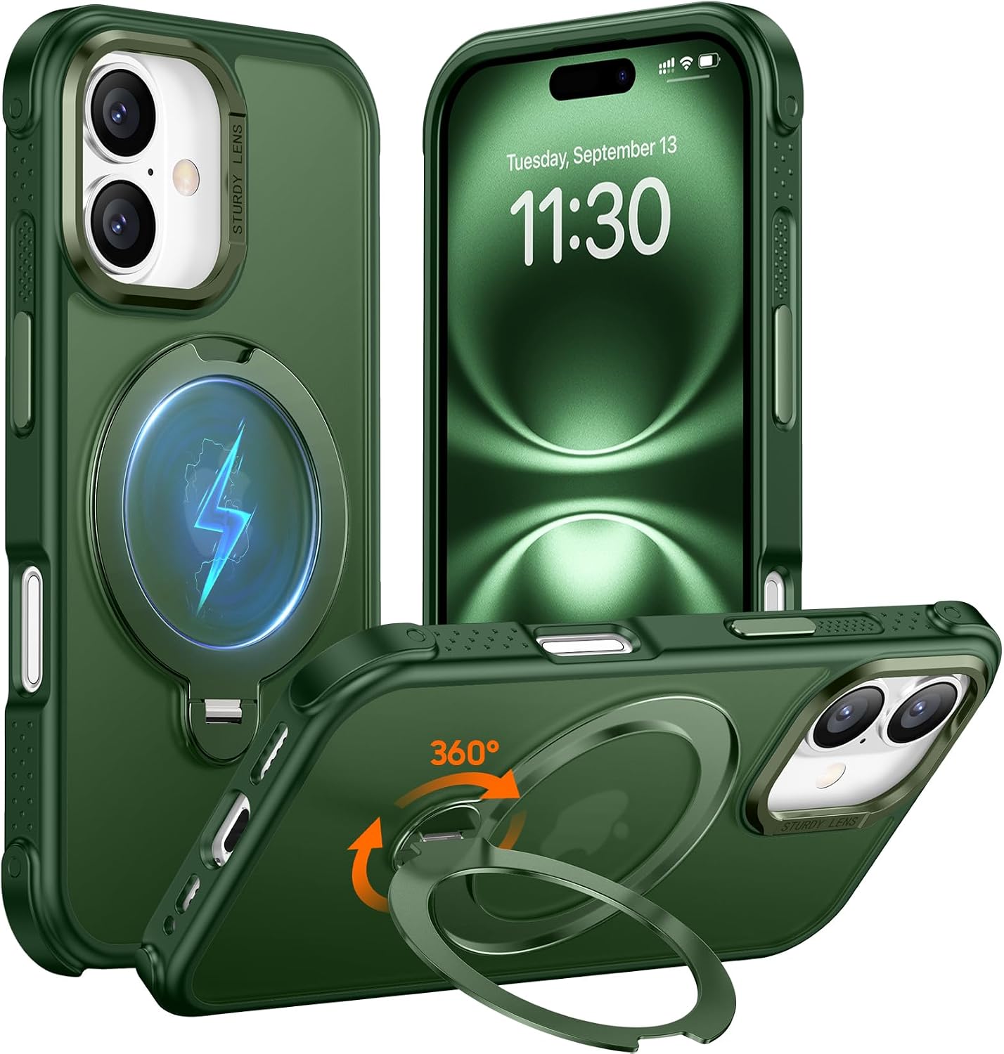 Detalle de Temdan iPhone 16 Case with 360° Rotatable Magnetic Stand — Military-Grade Shockproof, MagSafe Compatible, 6.1