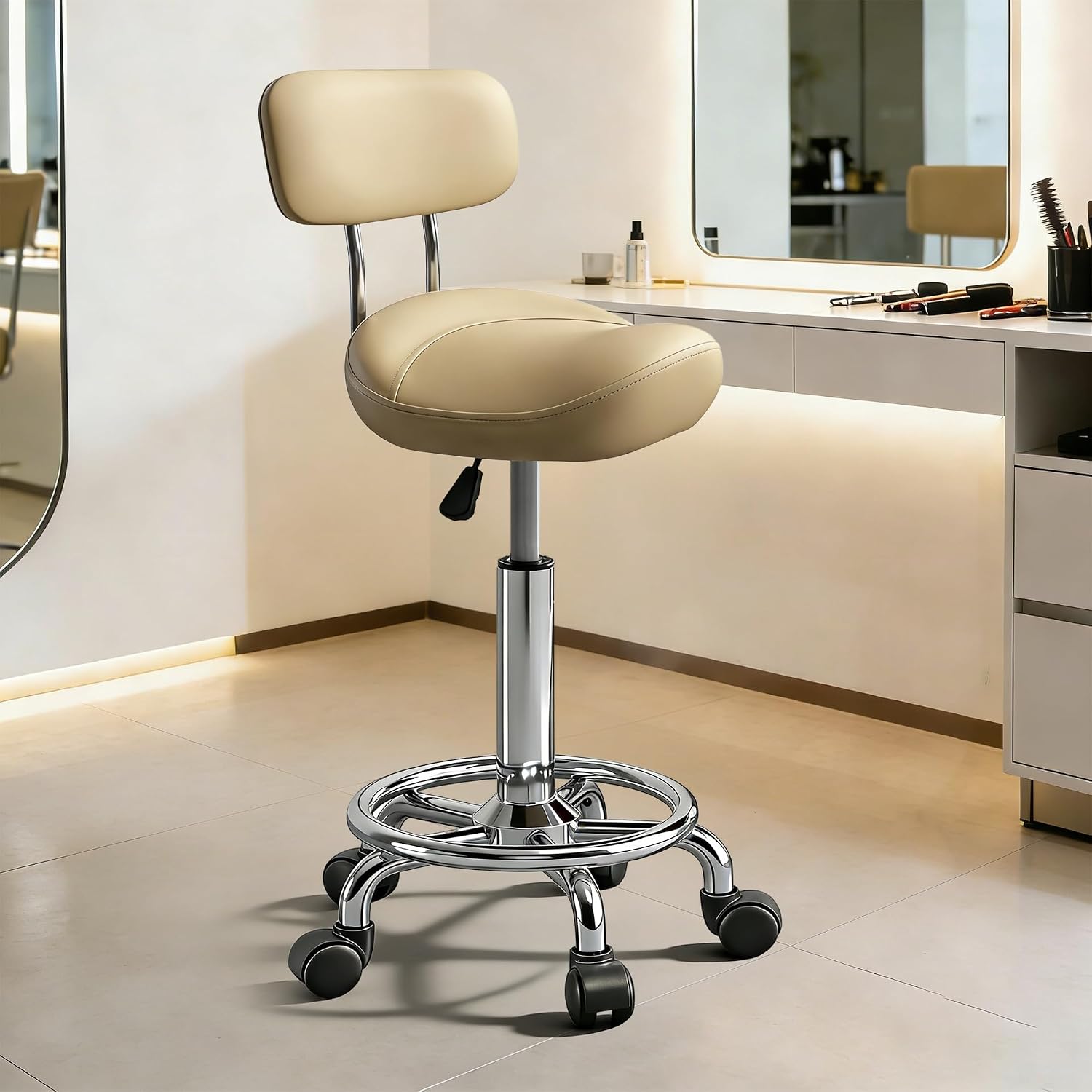 Detalle de Timbertouch MAYCAV5 Adjustable Saddle Stool with Backrest, Khaki PU Leather