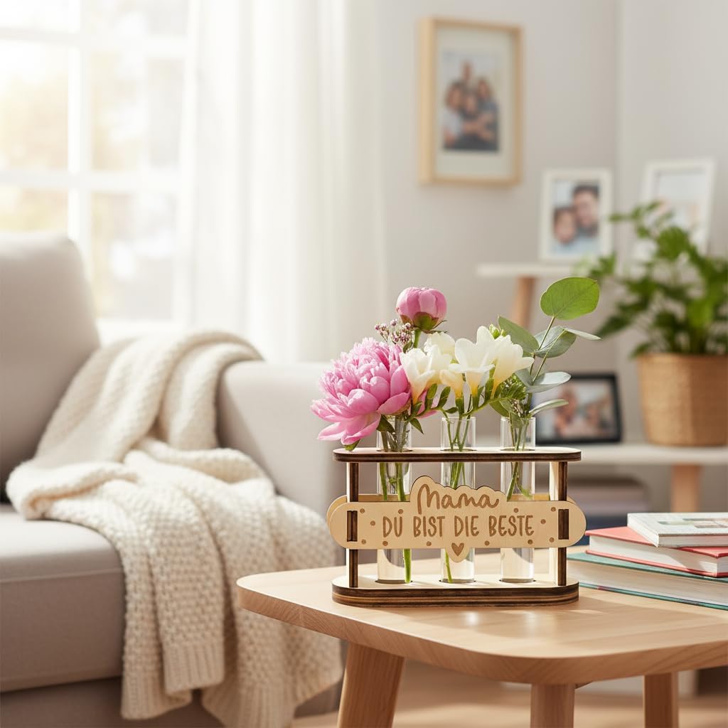 Thumbnail 6 de Geschenke für Mama: Holz-Reagenzglas-Vase mit Lichterkette – Blumenständer für Muttertag & Geburtstag