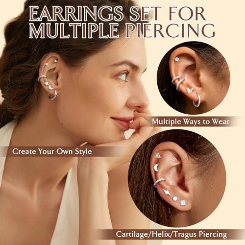 Detalle de Diamday: 15 Pares de Pendientes de Acero Quirúrgico para Mujer – Aros Dorados y Piercings de Cartílago