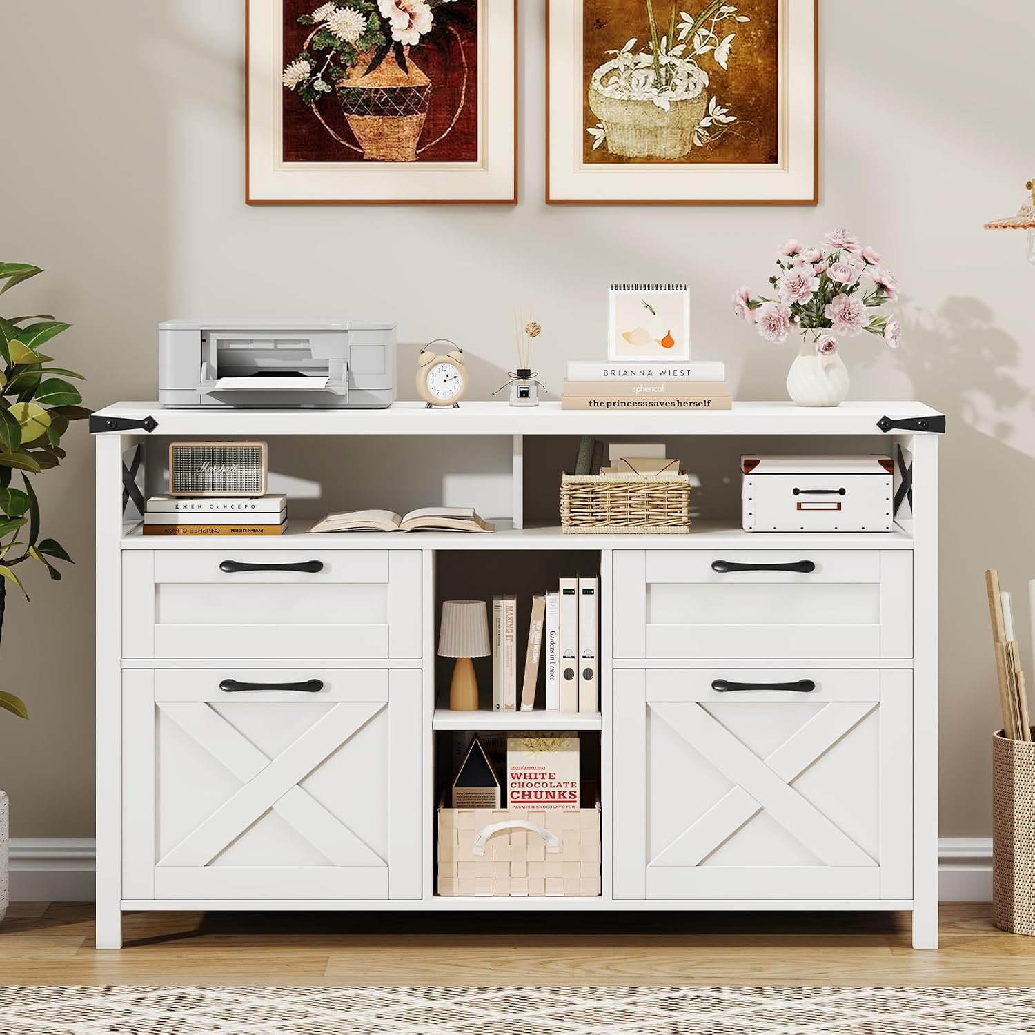 Detalle 2 de Halitaa File Cabinet with Open Storage Shelf, 4 Drawers, Cream White