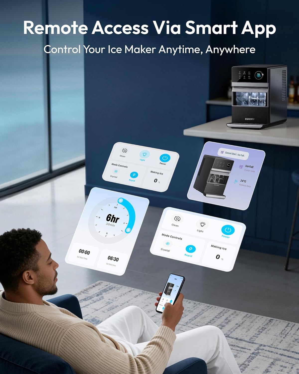 Detalle 2 de EUHOMY IM032-CBL-VC Clear Ice Maker, 2.2-Inch Cubes, App Control