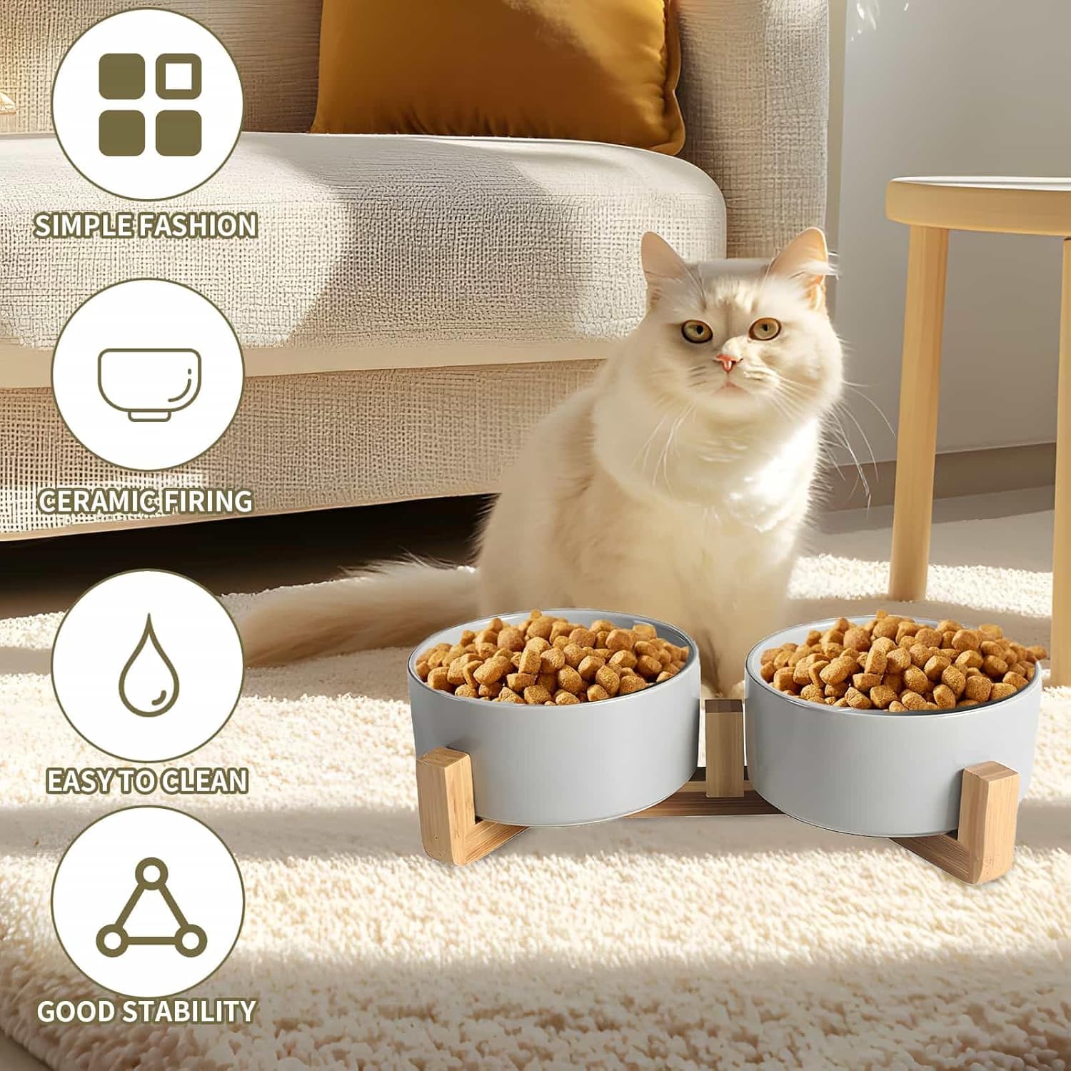 Thumbnail 2 de Double Ceramic Cat Bowls 400ML Raised Cat Feeder with Wooden Stand – Grey