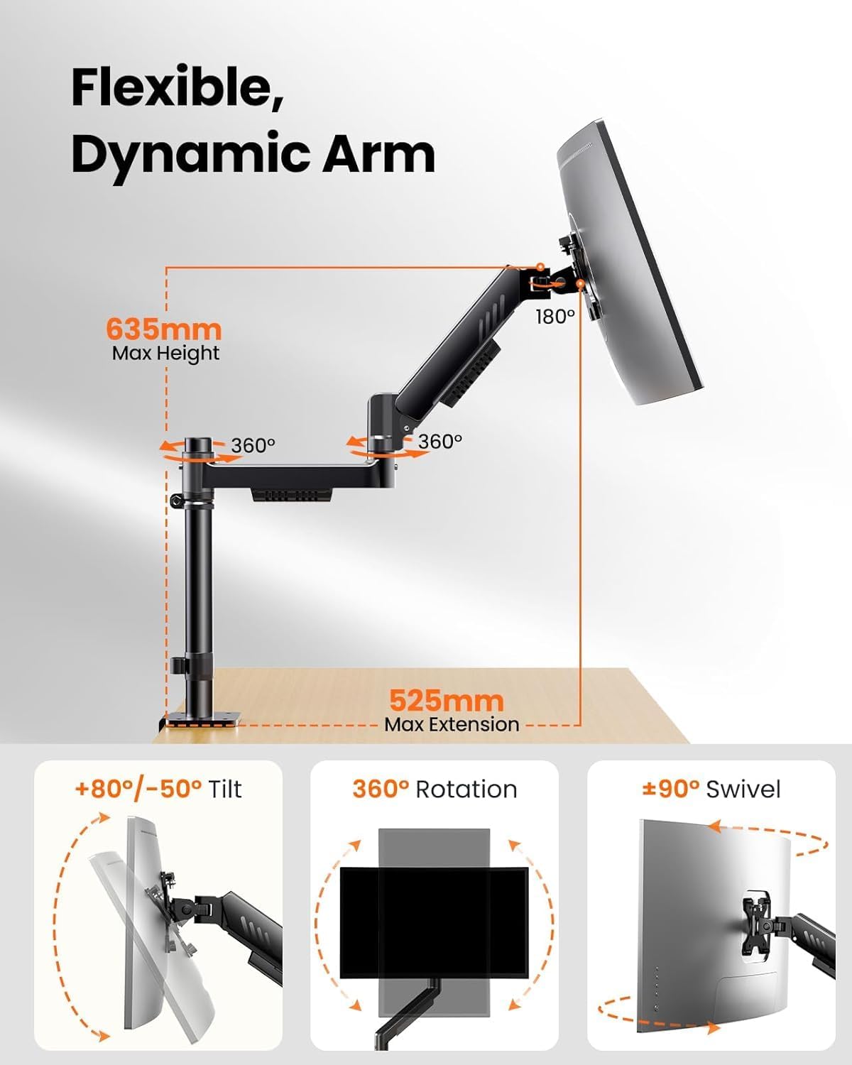 Detalle de ErGear Single Monitor Arm with Integrated C-Clamp for 13–34" Monitors (Up to 9kg) with Enhanced Stability and Cable Management