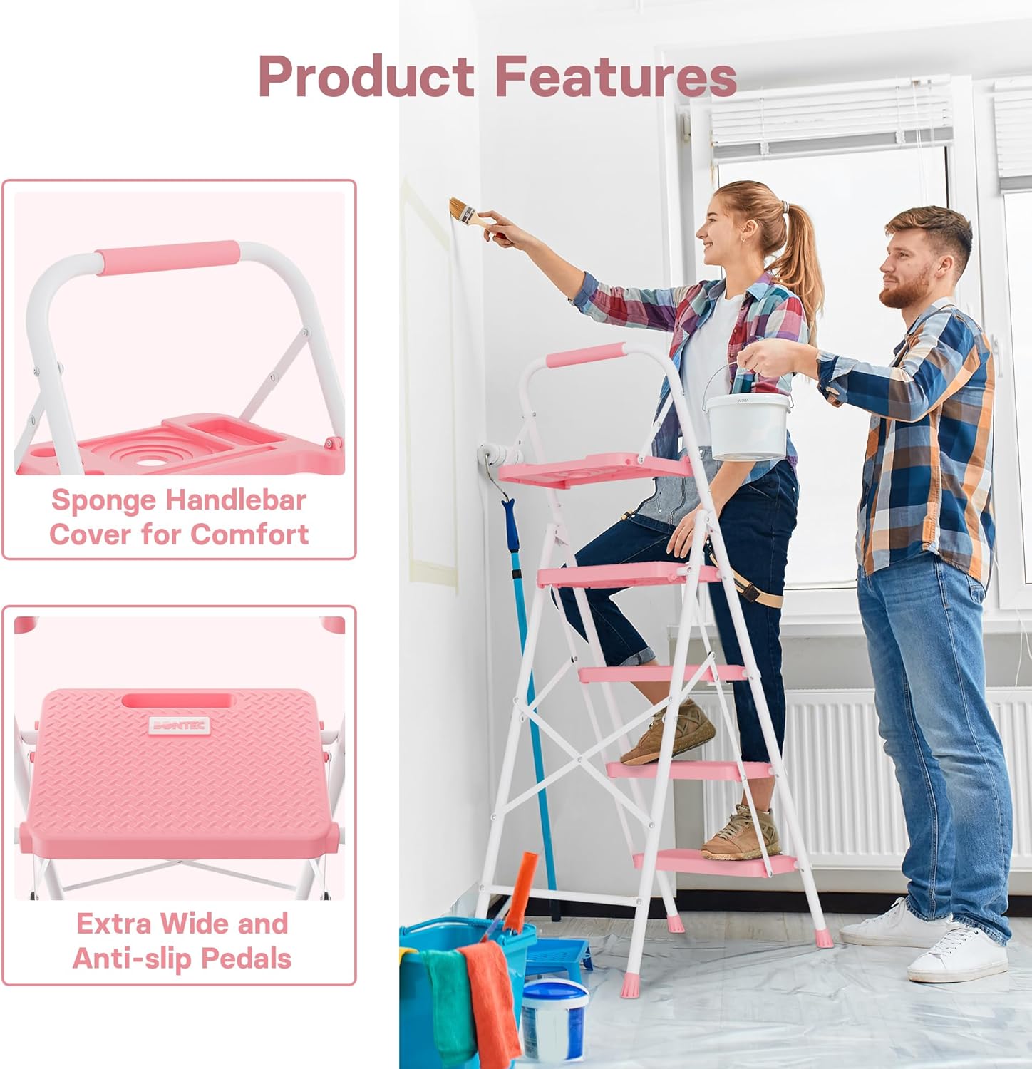 Detalle de BONTEC Klapp Trittleiter mit 4 Stufen, 150-kg-Tragfähigkeit und Anti-Rutsch-Pedalen in Rosa