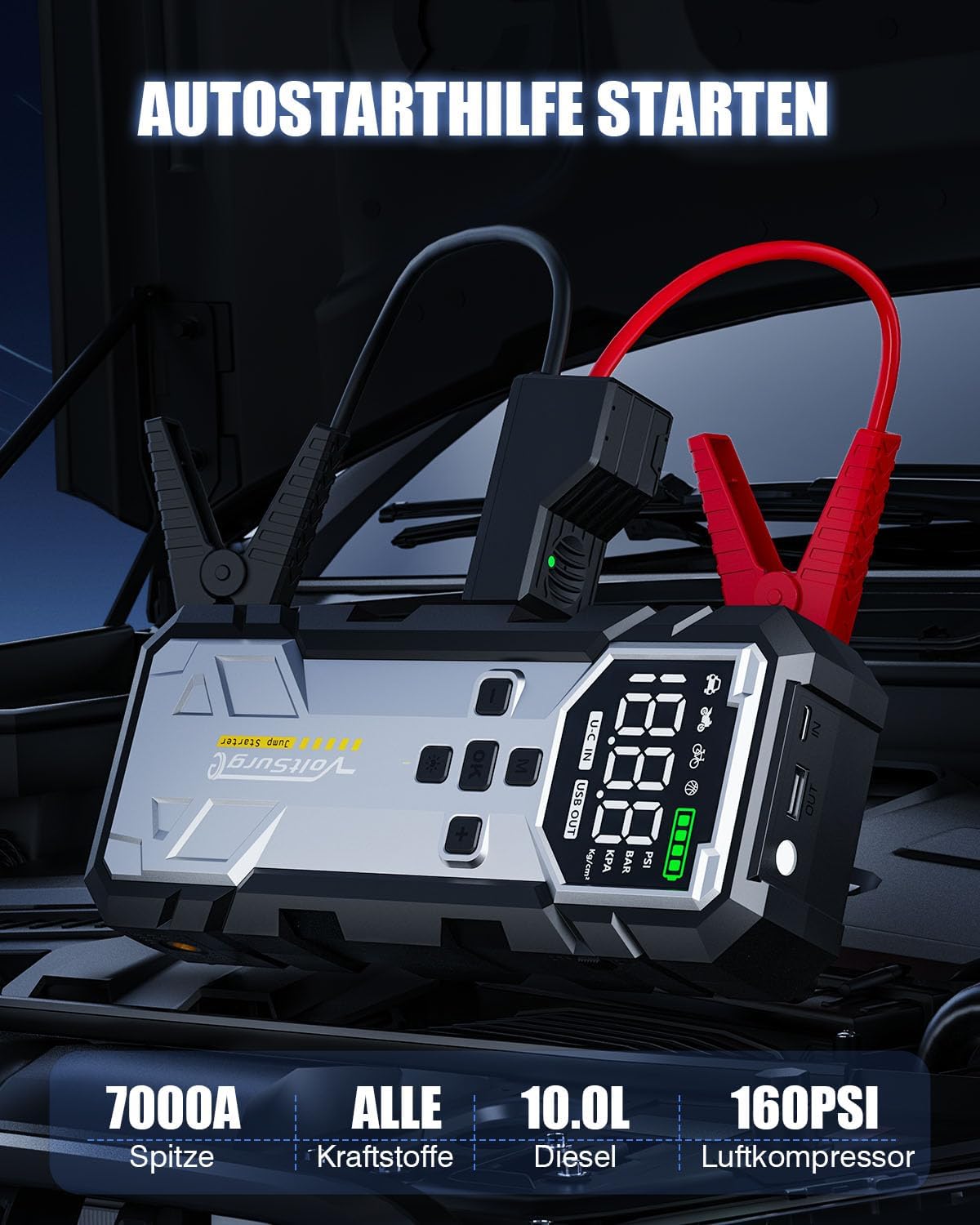 Detalle de 7000A Starthilfe Powerbank mit Kompressor: 4-in-1 Begleiter für Auto, Bike und mehr