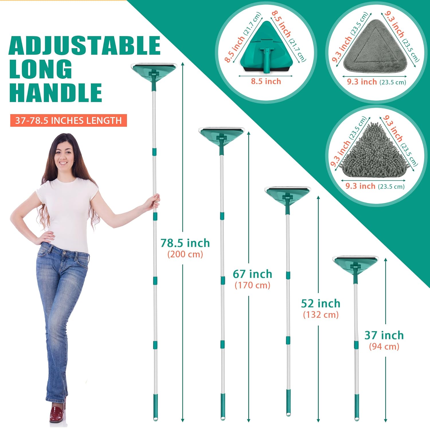Thumbnail 2 de JEHONN 200CM Wall Cleaning Mop with Long Handle and 6 Microfibre Chenille Pads (Green)