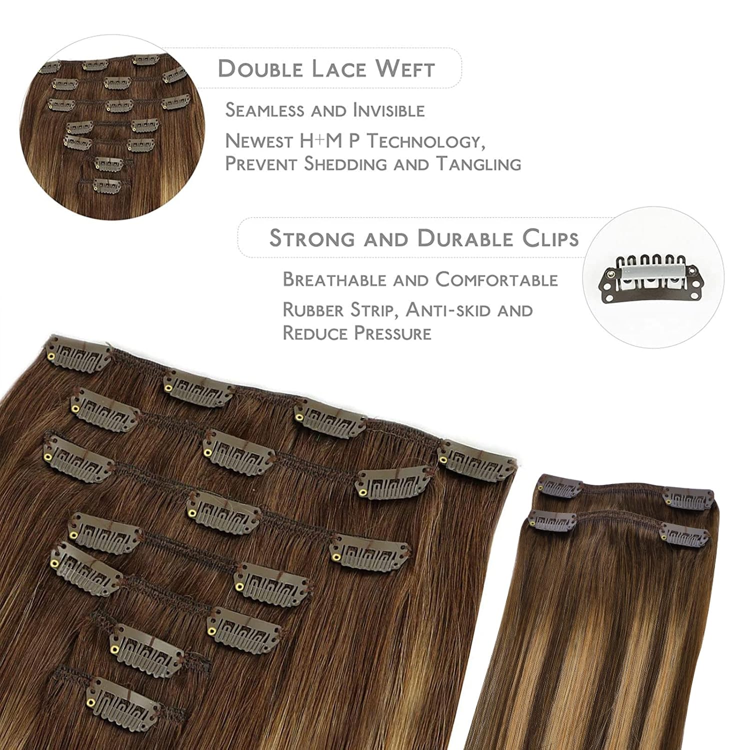 Thumbnail 2 de WENNALIFE Clip in Hair Extensions 150g, 22 Inch, Balayage Chocolate Brown to Honey Blonde (9pcs) – Real Human Hair, Double Weft