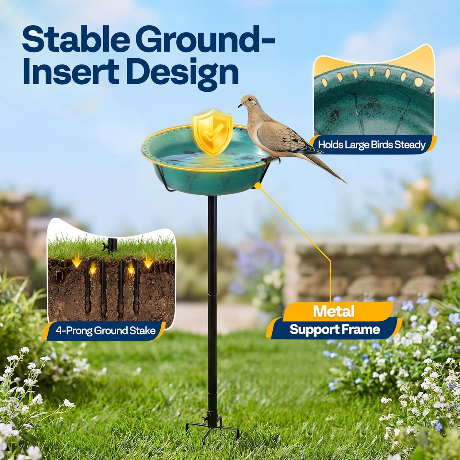 Thumbnail 6 de VIVOHOME 35In Metal Bird Bath – Vintage Green Freestanding Garden Bath with 4‑Pronged Base and Removable Feeder Bowl