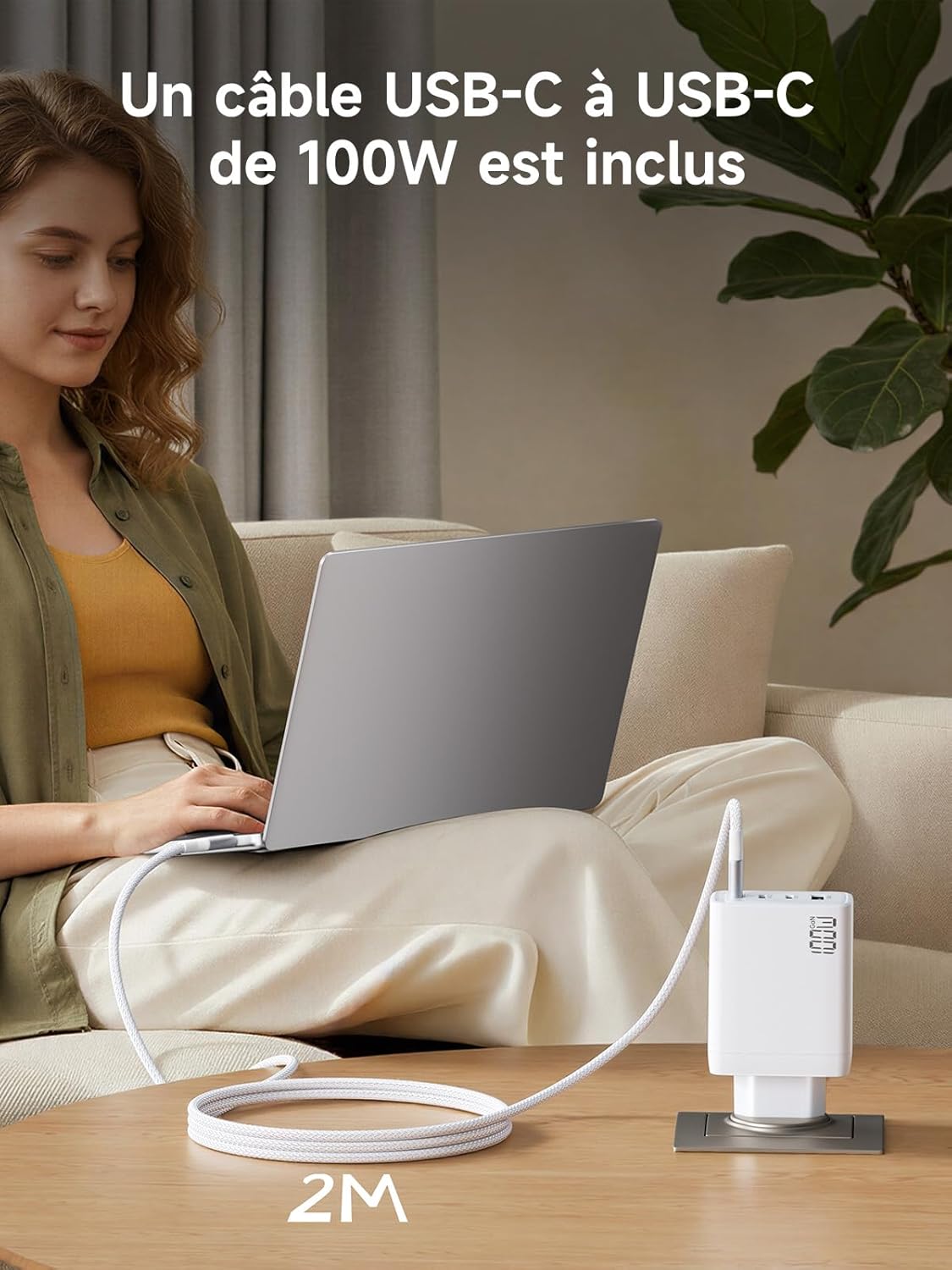 Thumbnail 5 de Chargeur USB-C GaN 100W 4 ports pour ordinateur portable (3×USB-C + 1×USB-A) + câble USB-C 2 m