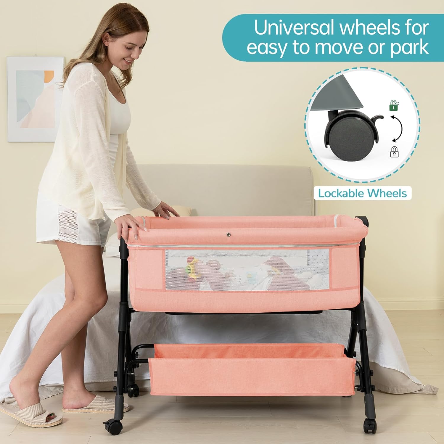 Detalle de BCOL C988 Baby Bassinet, Pink Bedside Sleeper with Rocking Mode and Mesh