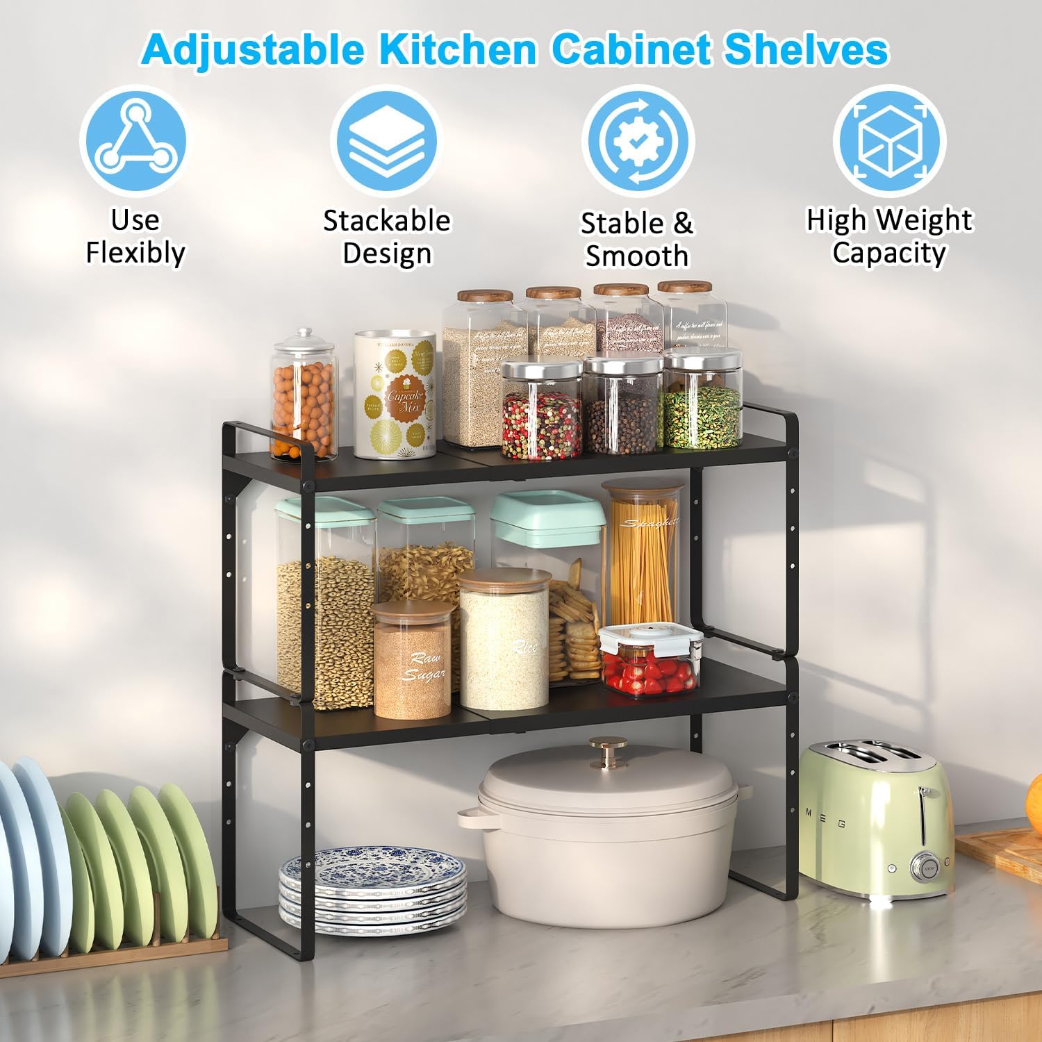 Detalle de 15.5–25.5 Inch Adjustable Kitchen Cabinet Shelf Organizers (Set of 3) — Expandable, Stackable Countertop Storage Shelves, 30LBS Heavy Duty
