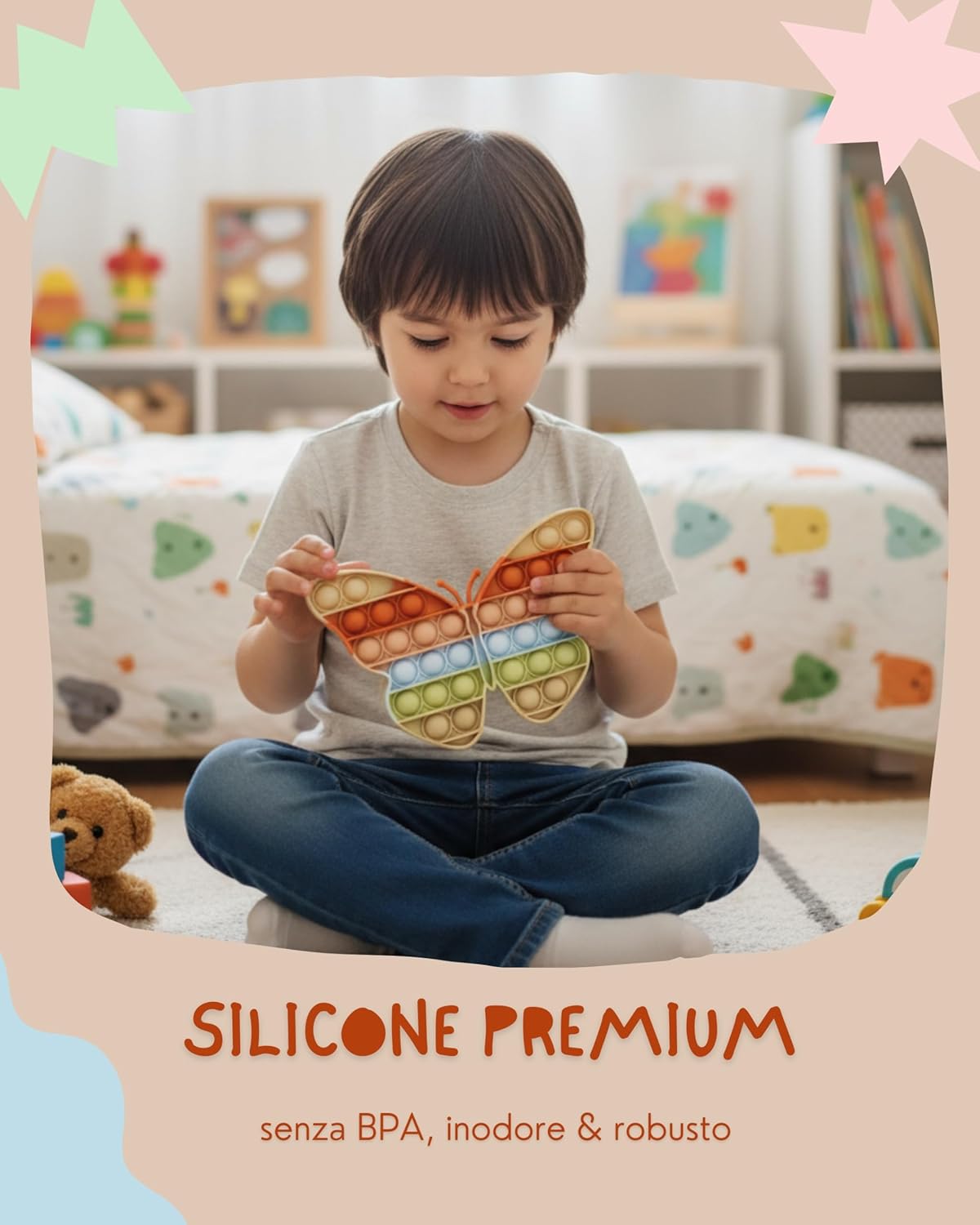 Detalle de Valino Pop-It in silicone pastello farfalla (12 × 12 cm) bubble fidget impermeabile, senza BPA