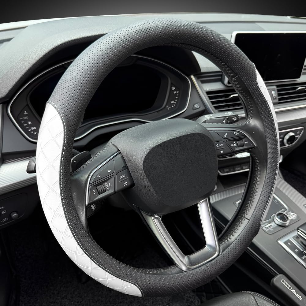 Thumbnail 5 de LKWLIKEI Nappa Leather Steering Wheel Cover – Elegant Diamond Checkered Design for 14.5–15 Inch Wheels